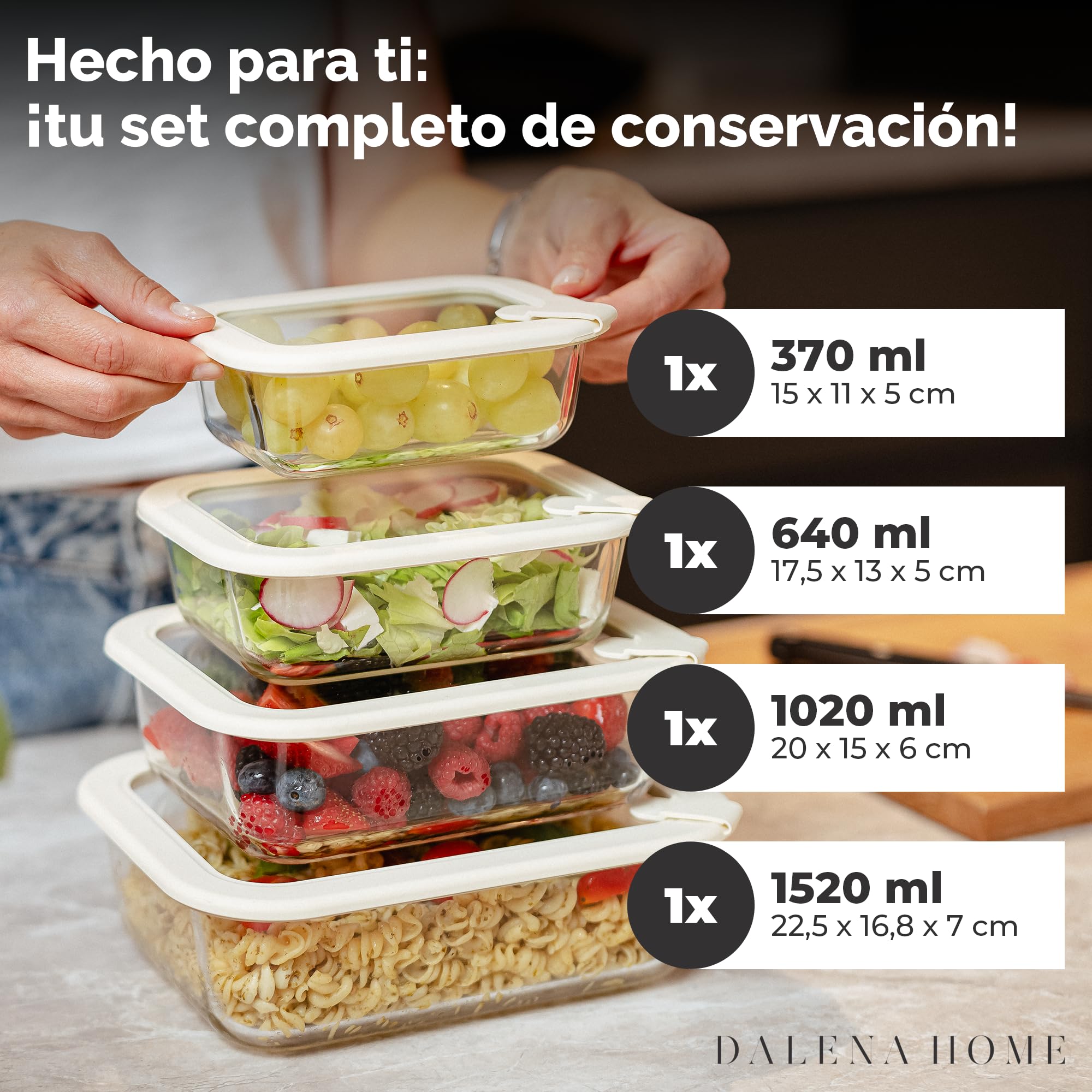Recipiente Vidrio Borosilicato con Tapa, Set 4 (370ml, 640ml, 1020ml, 1520ml) – Fiambrera Cristal, Contenedor de Alimentos, Conservación Nevera, Organizador Cocina