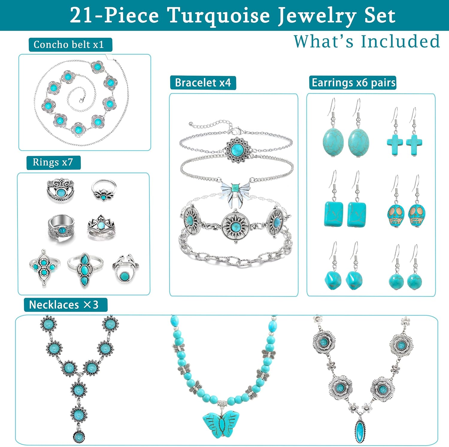 Western Turquoise Jewelry for Women Boho Rings Necklaces Bohemian Earrings Concho Belt Bracelets Set - Image 8