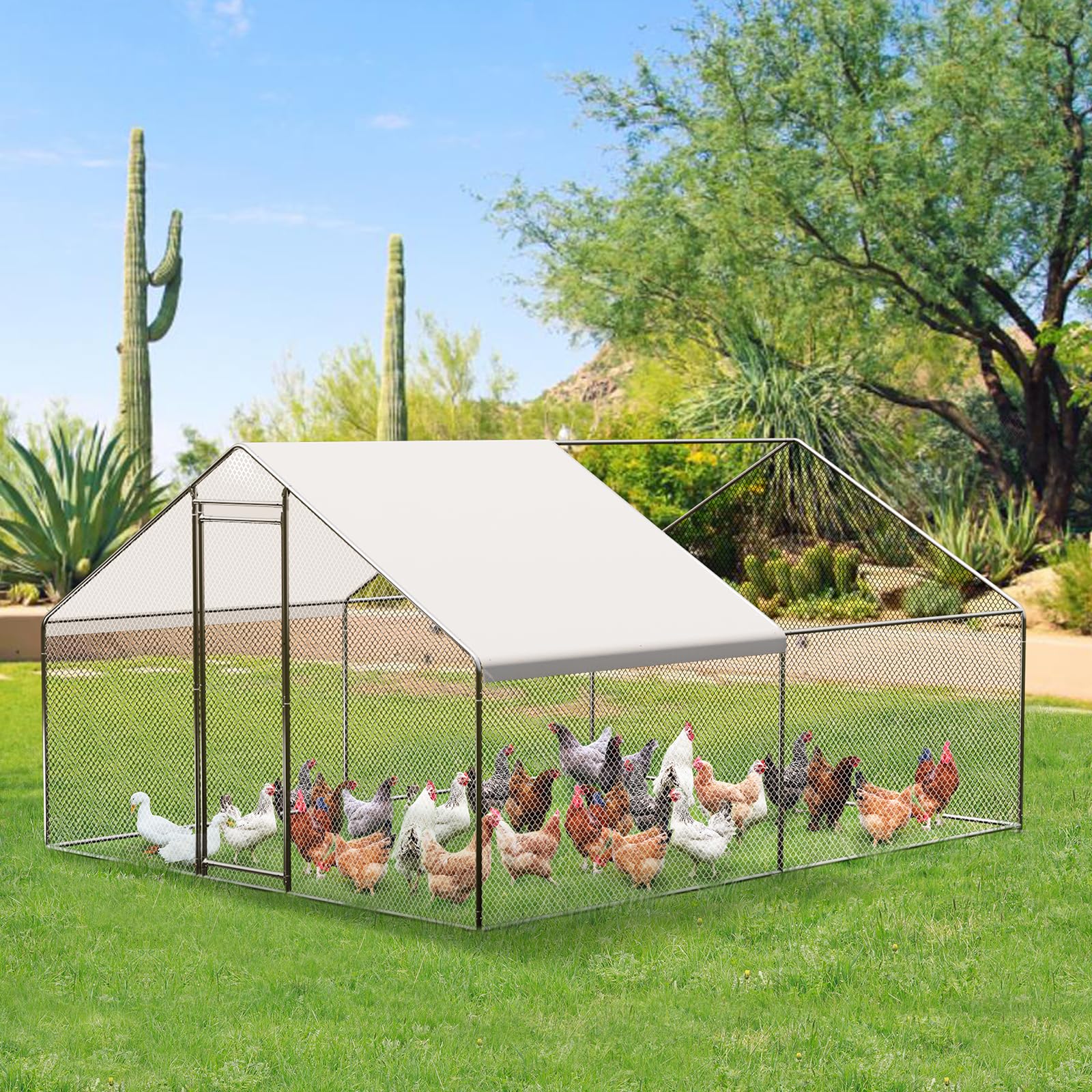 Large Metal Chicken Coop, Outdoor Chicken Run with Waterproof and Anti-UV Cover & Lockable Door, Chicken Pen, Walk-in Poultry Cage for Outdoor Yard