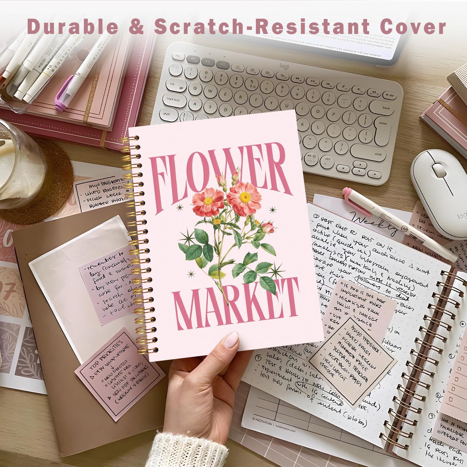 Lacama Cute Notebook Journal for Women, Pink Pretty Notebooks Gifts for Women, School Office Supplies, Flower Market Hardcover Spiral Notebook for School 5.5x8.3 Inch - Image 3