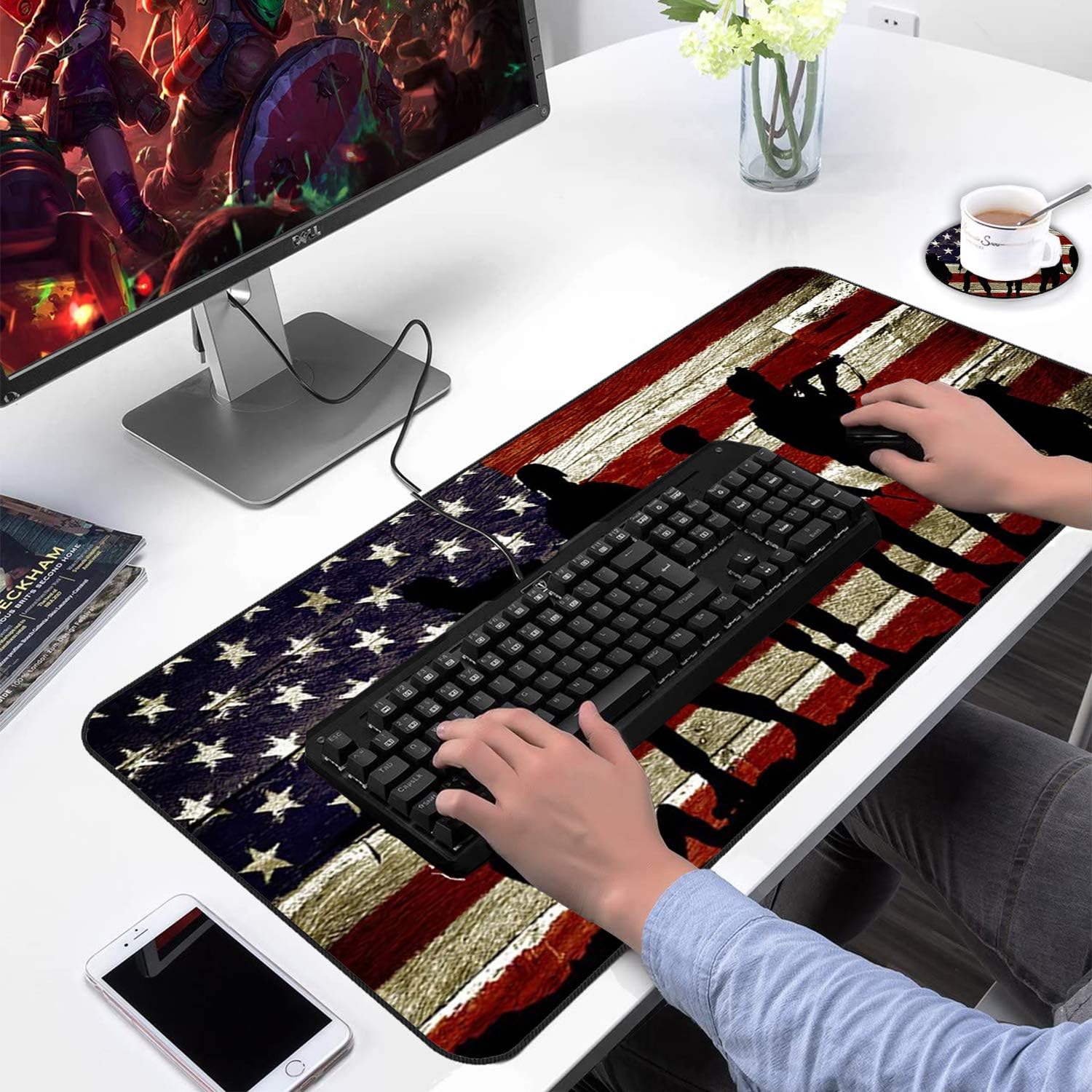 Extended Gaming Mouse Pad and Coaster, Large Non-Slip Rubber Base Mousepad with Stitched Edges, Waterproof Mouse Mat Desk Pad for Work, Game, Office, Home -American Flag American Soldier Military - Image 7