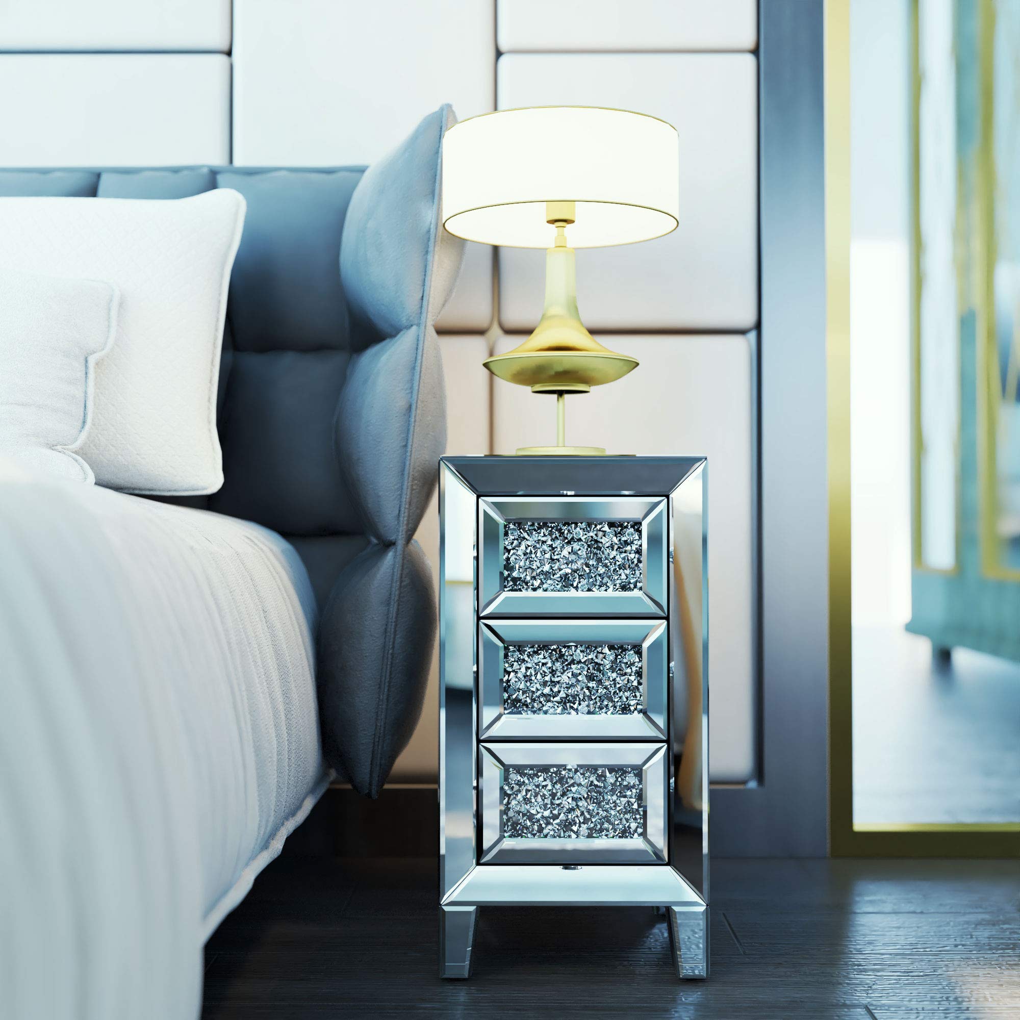 Buy JAXSUNNY 3Drawer Mirrored Nightstand, Bedside Table with Crystal