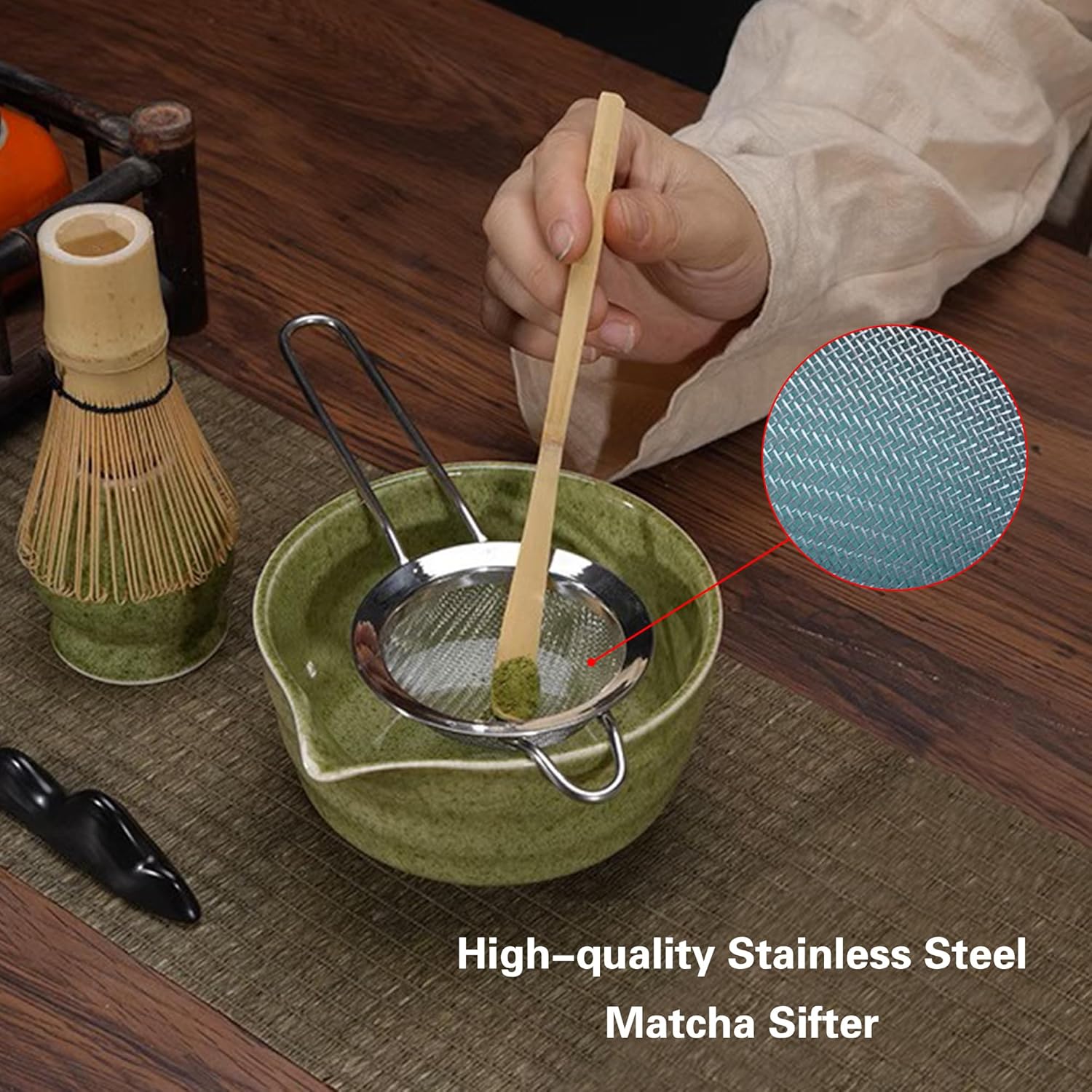 Matcha Whisk Set, Matcha Bowl with Spout, Matcha Whisk and Holder, Bamboo Matcha Scoop and Stainless Steel Sifter - 5 Pcs Mottled Green Kit Gift for Birthday Christmas - Image 3