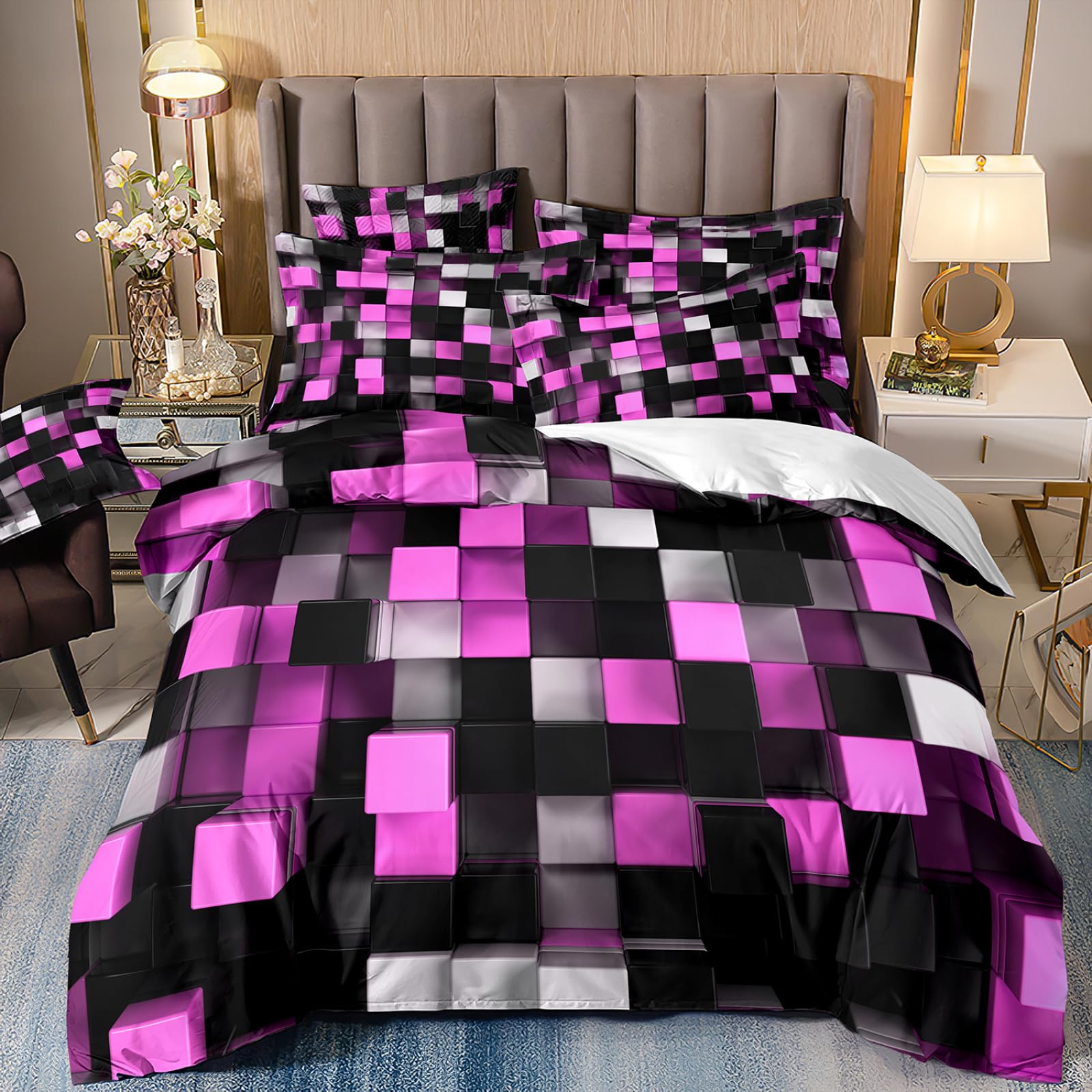 Dwetcxo Single Duvet Cover Set Pink Grey Geometry Single Bed Duvet Cover Set Soft Microfiber Breathable Bedding Durable Single Bedding Sets with Zipper Closure+2 Pillowcases 50x75cm 140x200cm