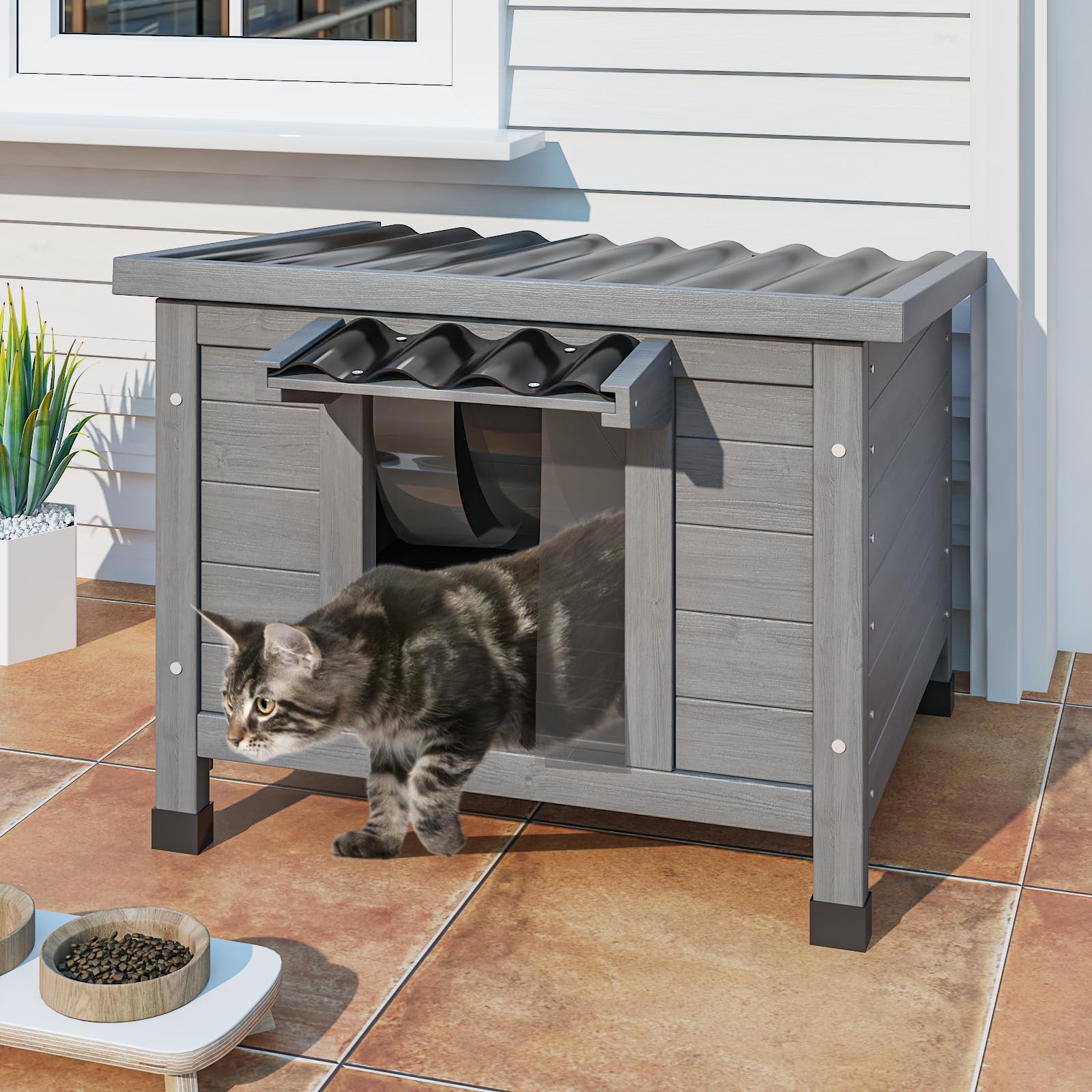 Outdoor Cat House, Feral Cat Shelter Waterproof with Raised Floor, Large Outside Feral Cats Enclosure for Cats and Rabbit, Wooden Cat Condos for Multiple Pets 21.3" L x 19.9" W x 18.9" H