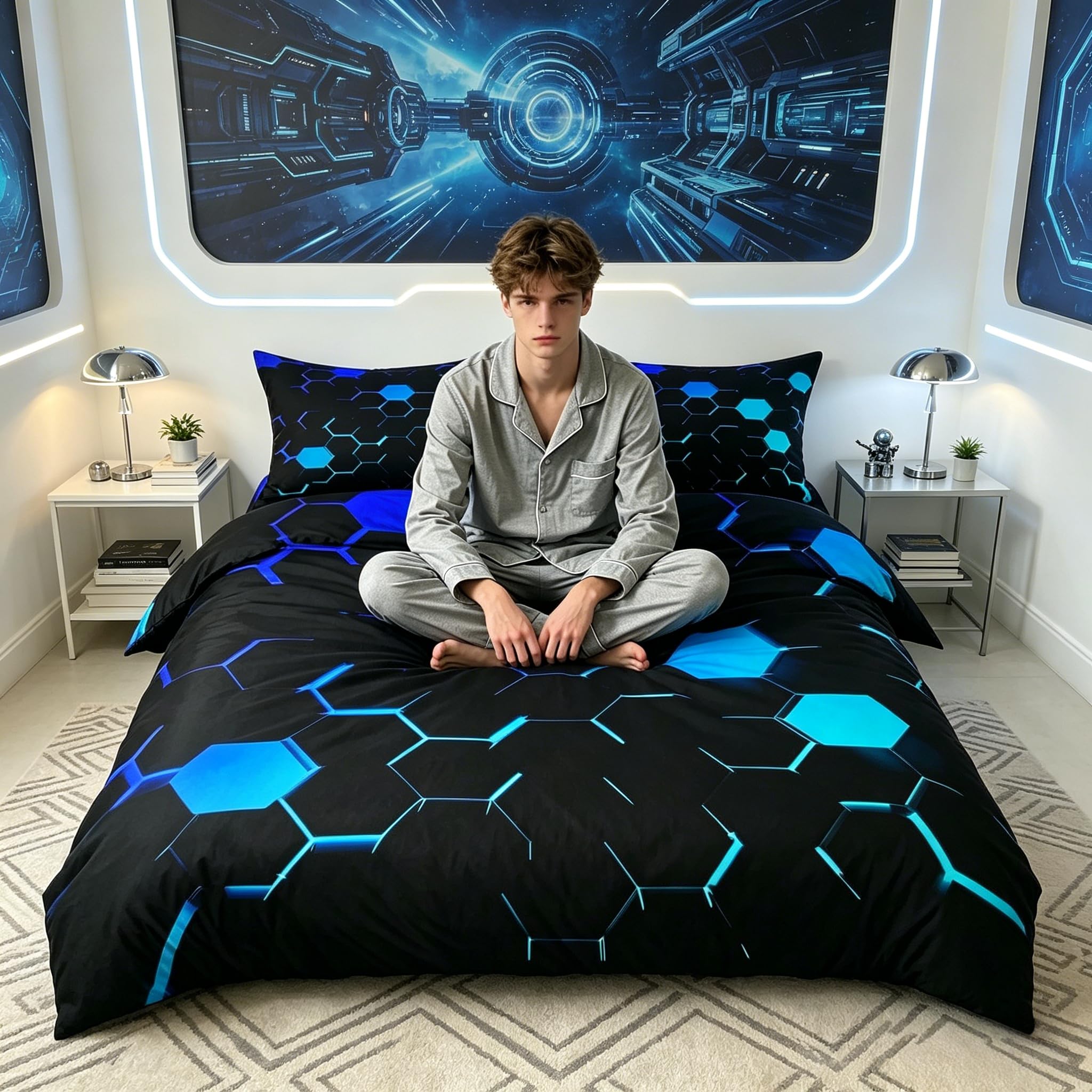 feelingyou Kids 3D Honeycomb Duvet Cover Single Size,Neon Light Blue Hexagon Comforter Cover for Adults Kids Bedroom Decor,Video Games Modern Fashion Bedding Set 1 Pillowcase,No Comforter