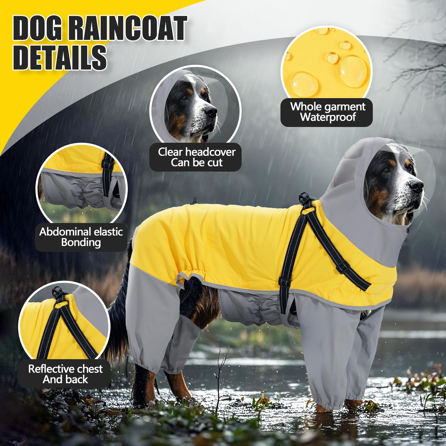 Mfiker Dog Raincoat with Harness and Hooded Adjustable, Waterproof Rain Jacket, for Medium Large Dogs, Windproof Rain Coat for Rainy Windy Snowy, M