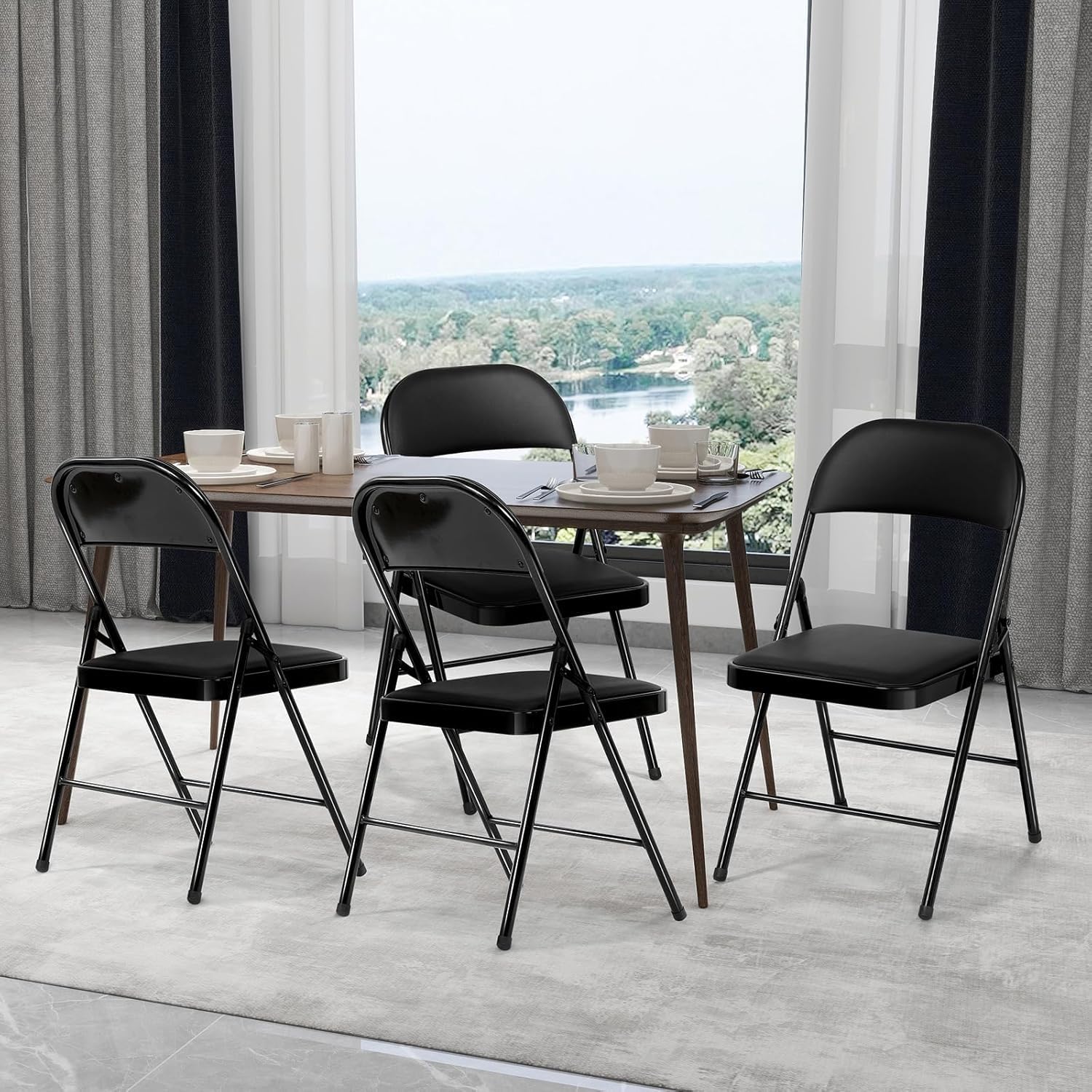 Set di 2 sedie pieghevoli, imbottite, con struttura in metallo e ecopelle, portata fino a 150 kg, ideale come sedie da cucina e sedie da giardino, colore nero