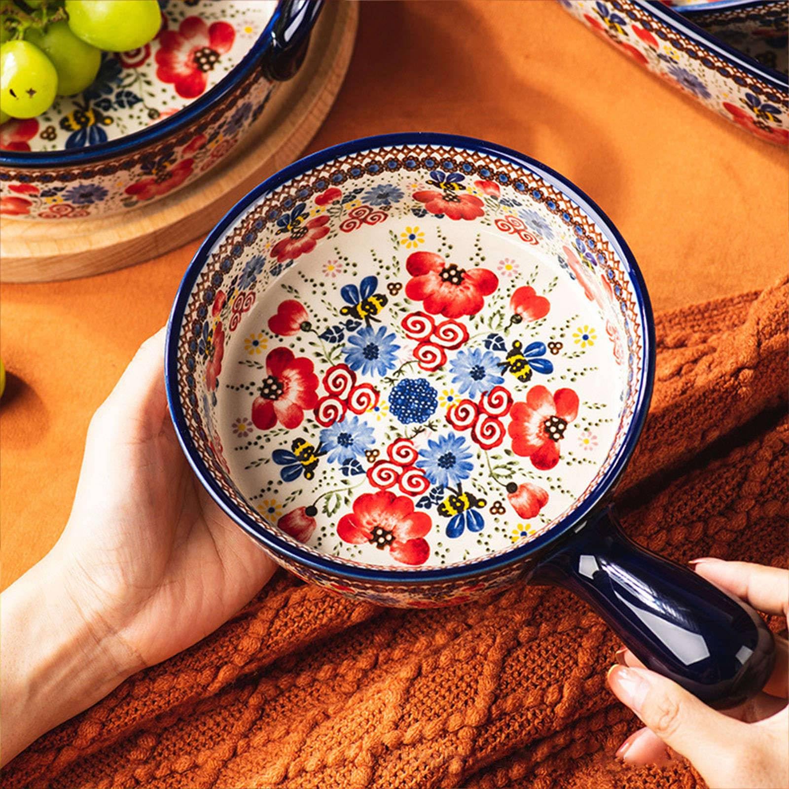 Miski ceramiczne, Ceramiczna miska na makaron instant, miska na zupę cebulową z uchwytem, ​​zastawa stołowa w stylu vintage o pojemności 600 ml, miska ceramiczna, kuchenka mikrofalowa i piekarnik