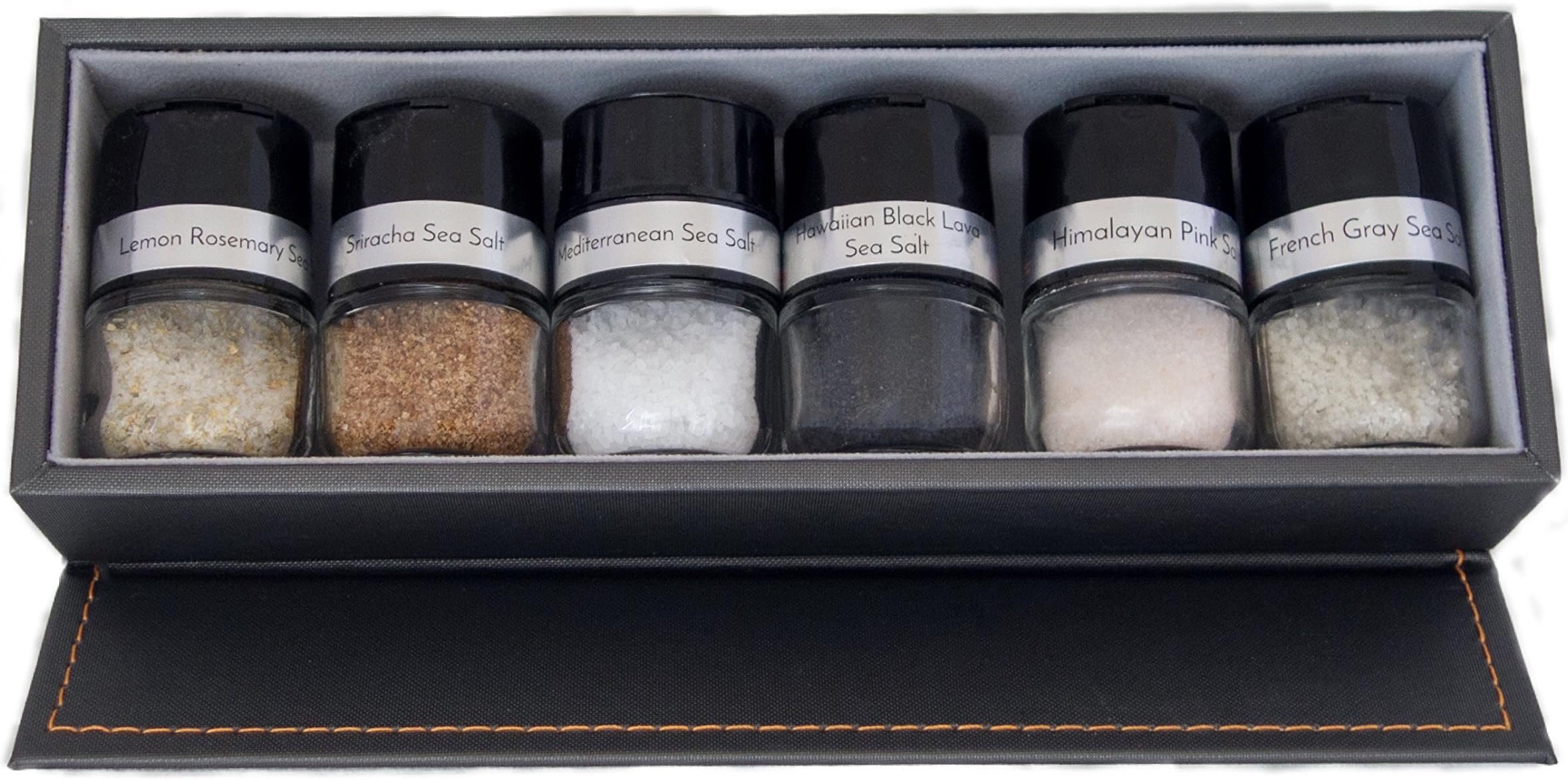 Cpise Gourmet Salt Gift Set with storage box, glass bottles & artisanal salts (Cyprus Flake , French Grey, Hawaiian Black Lava, Hawaiian Red Alaea, Himalayan Pink, Smoked Cherrywood