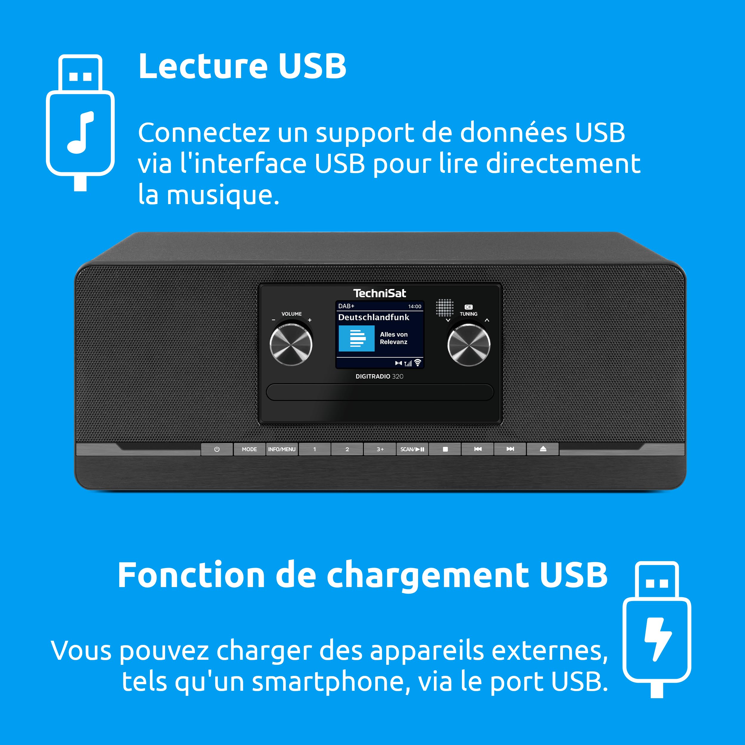 TechniSat DIGITRADIO 320 – Chaîne Hi-FI compacte stéréo (Dab+ & FM, Lecteur CD, Bluetooth, USB, 2×5 W RMS, écran Couleur TFT, réveil, minuterie, télécommande) Noir