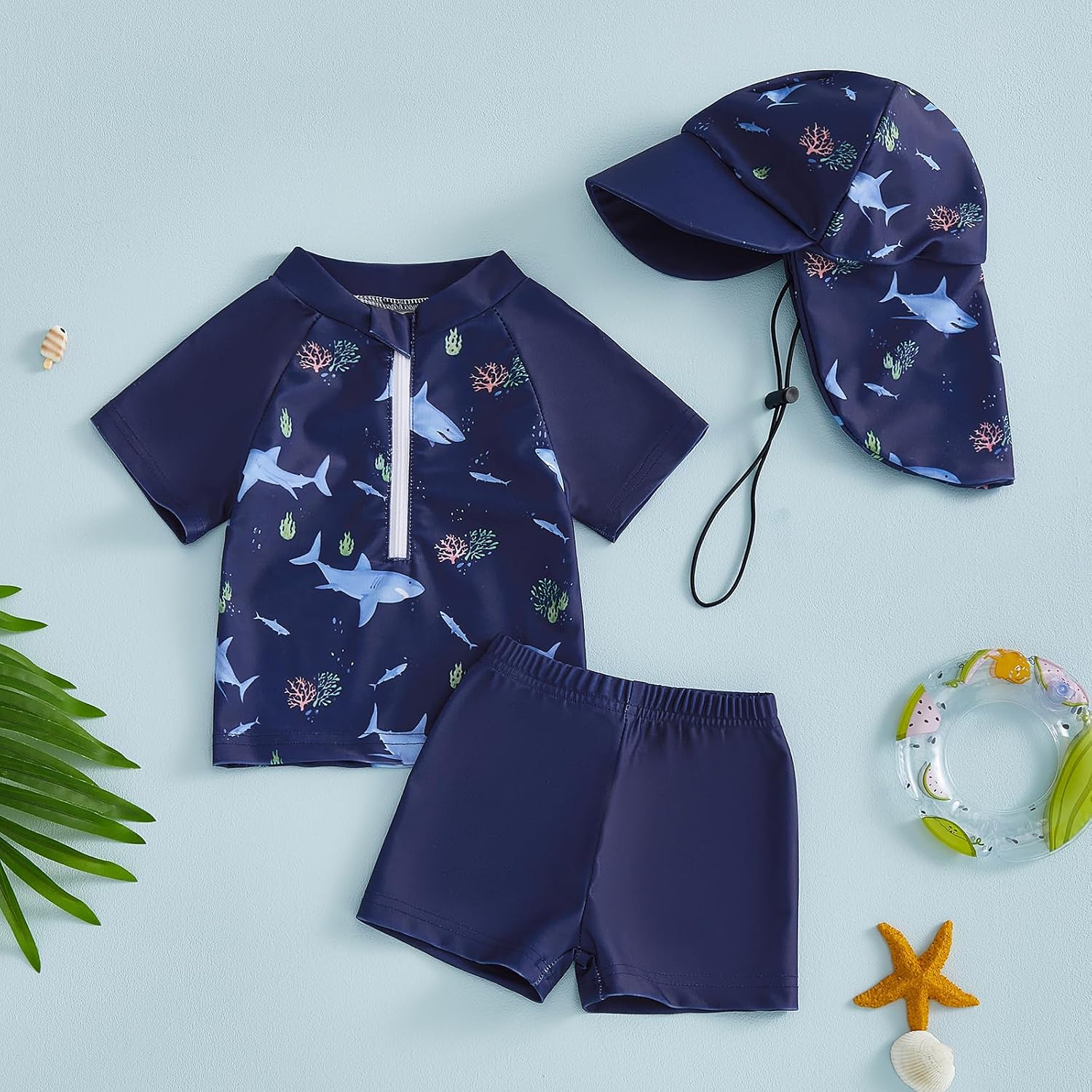 RWYBEYW Toddler Baby Boy Rash Guard Swimsuit 3-Piece Bathing Suit Short Sleeve Zipper Swimwear Swim Suit Trunk with Hat