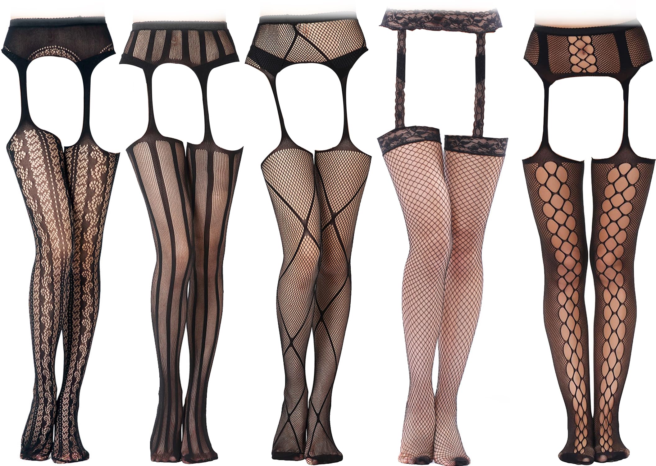 5 Pairs Fishnet Thigh High Garter Stockings Patterned Tights for Women,Garter Belt Set & Suspender Pantyhose for Girl