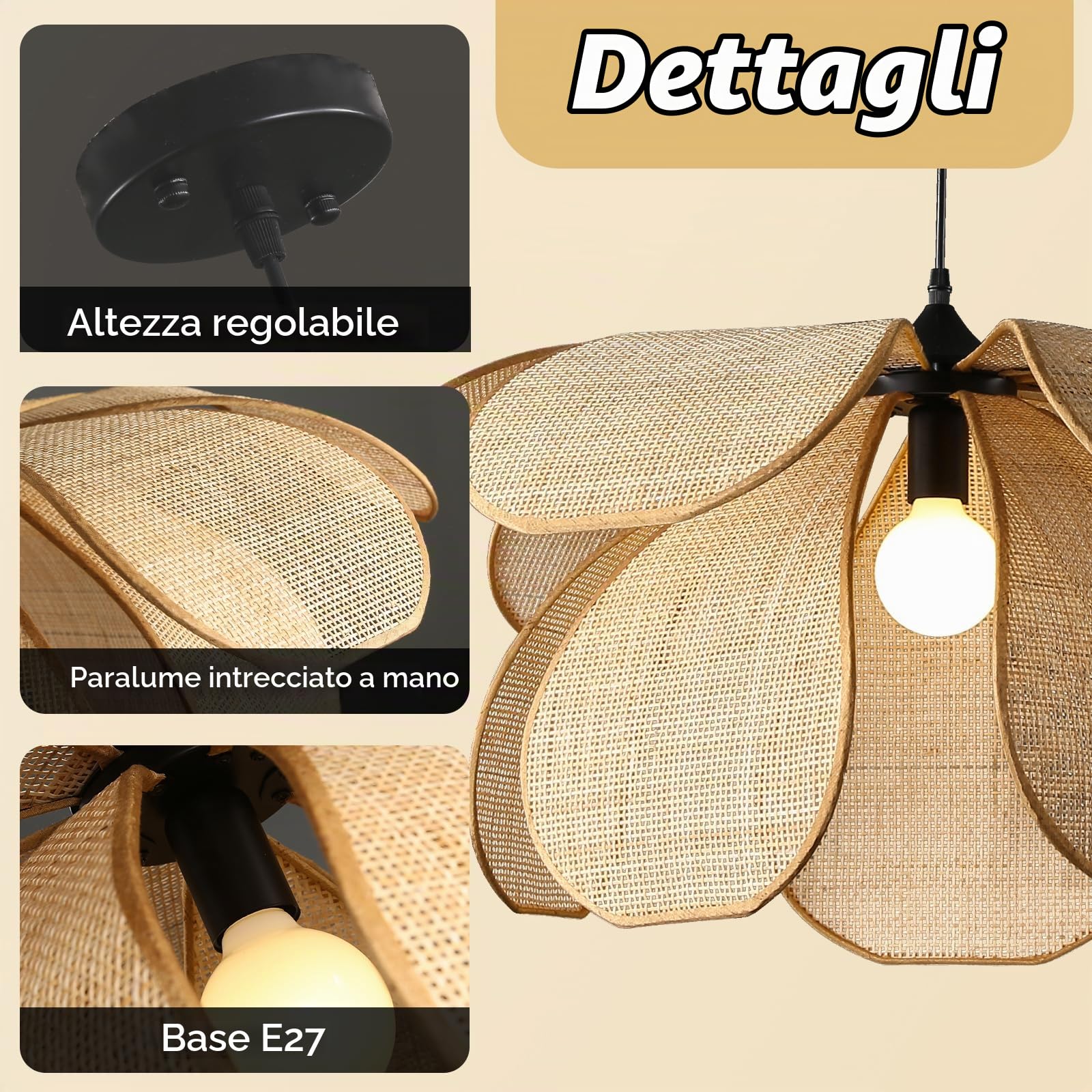 Lampadario Rattan, Lampadario in Boho Vimini Vintage E27 Rattan,Per Cucina Soggiorno Camera Da Letto Isola (60CM)