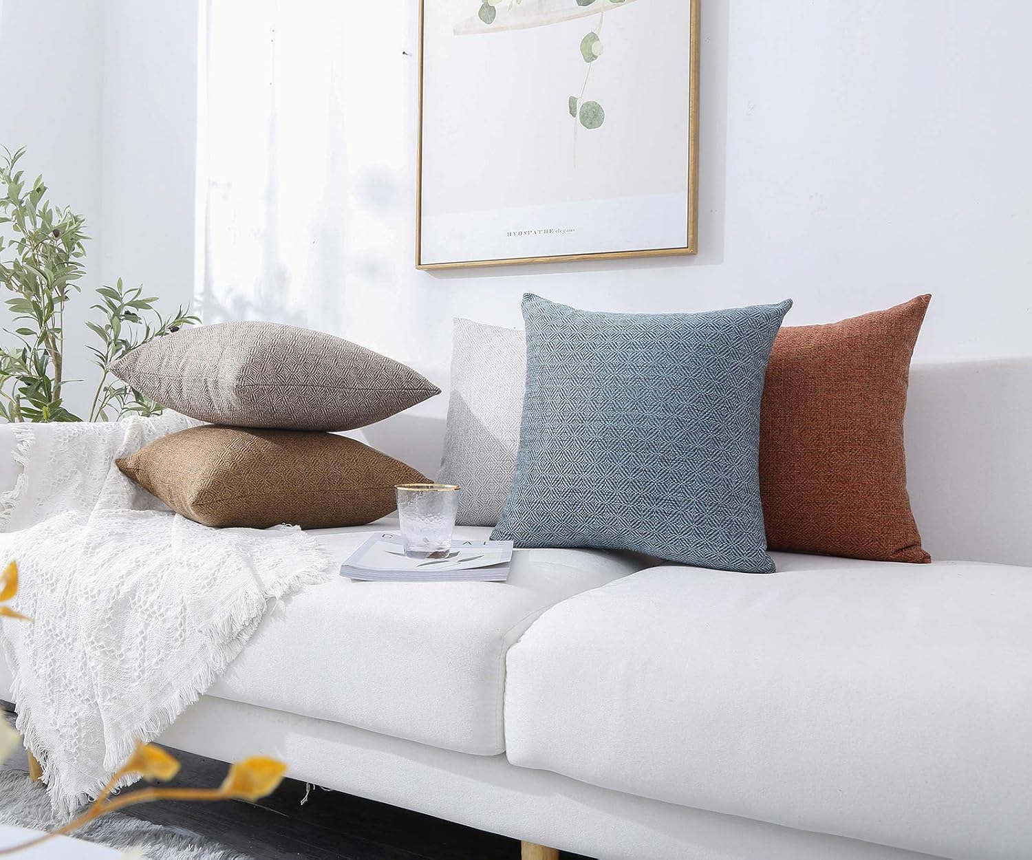 Jepeak Burlap Linen Throw Pillow Cover Rhombus Pattern Cushion Case, Solid Thickened Farmhouse Modern Decorative Square Luxury Pillow Case for Sofa Couch Bed (Light Cyan/Grey, 22 x 22 Inches): Home & Kitchen
