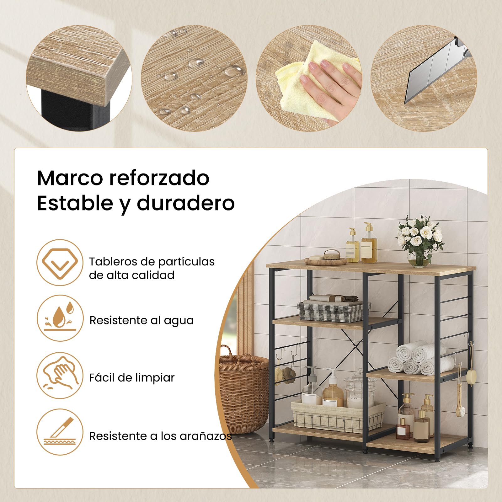 WOLTU Estanteria Almacenaje con 5 Niveles, Estante de Cocina con 4 Ganchos para Microondas, 90 x 40 x 83,5 cm, Negro + Roble Claro