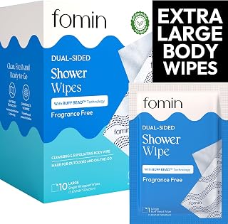 FOMIN Travel Shower Wipes - 10 Pack - No Rinse XL Bathing Wipes with Vitamin E - Fragrance-Free Full Body Wipe for Adults - Individually Wrapped Waterless Bath Wipe for Hygiene, Camping, & Gym