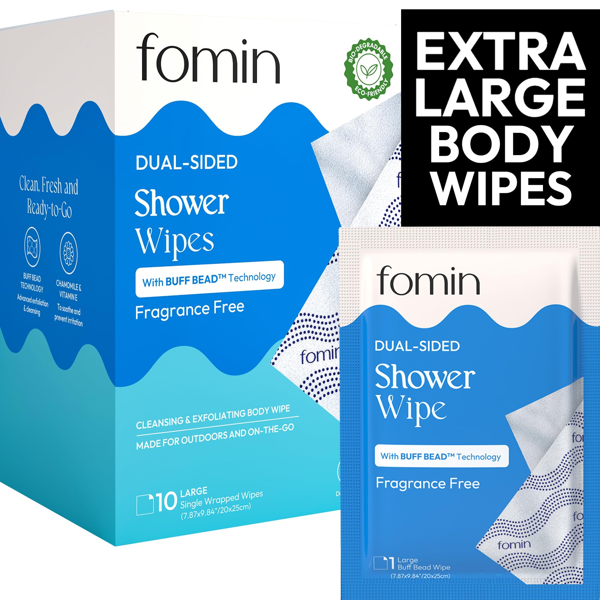 FOMINTravel Shower Wipes - 10 Pack - No Rinse XL Bathing Wipes with Vitamin E - Fragrance-Free Full Body Wipes for Adults - Individually Wrapped Waterless Bath Wipes for Hygiene, Camping, & Gym