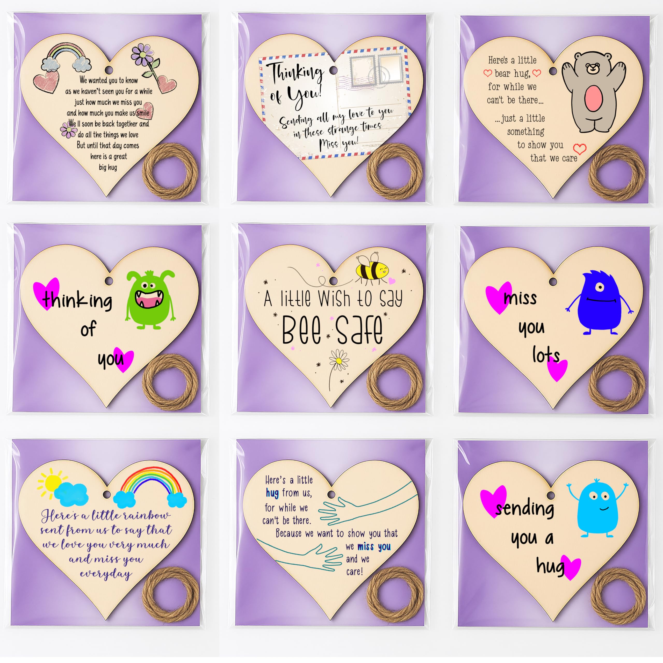 Pack of Thinking of You Heart Plaques – Create a Set of Wooden Hanging Gift Sigsn with Twine – Letterbox-Friendly Keepsakes – Thoughtful Present for Loved Ones Far Away or Going Through a Hard Time