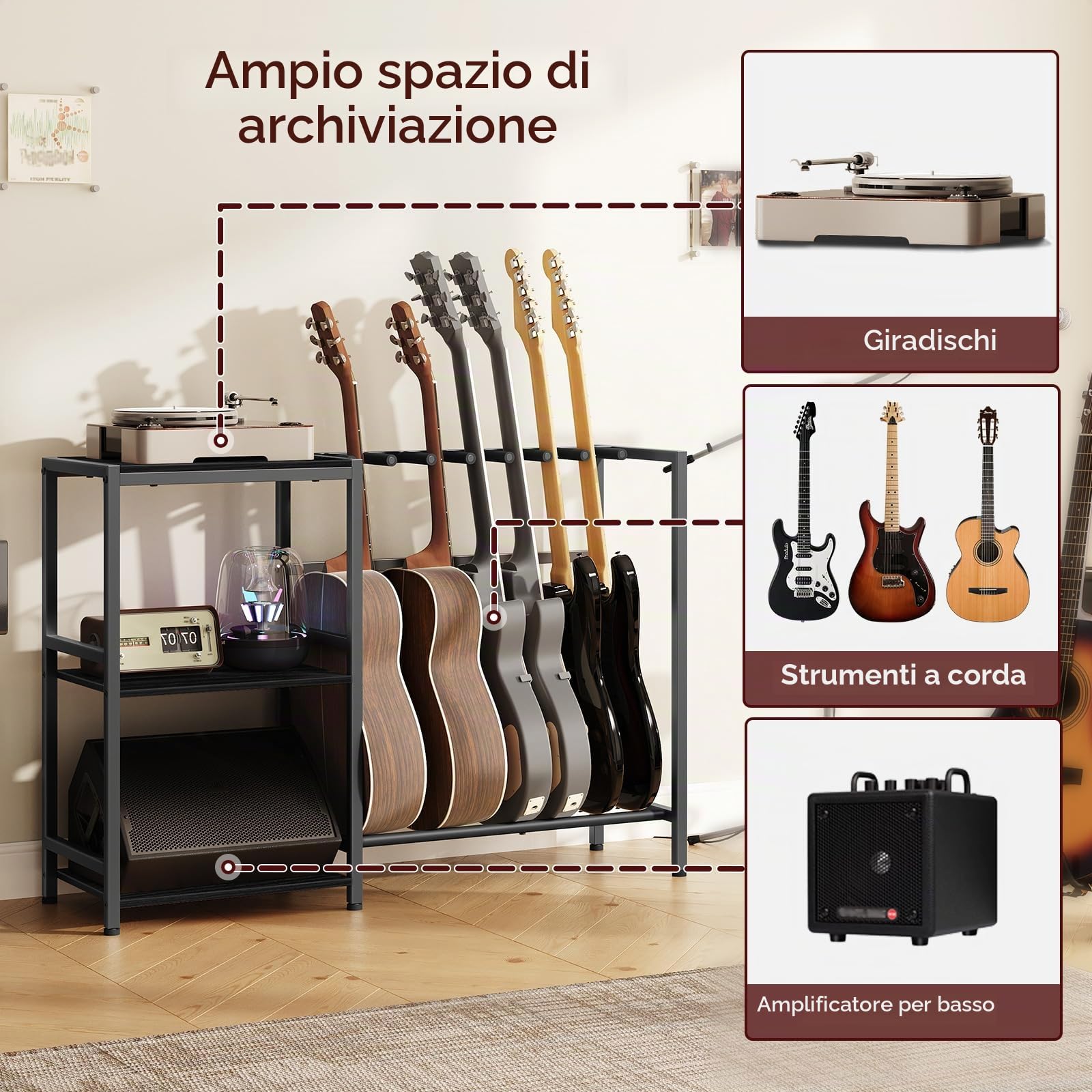 MAHANCRIS Supporto per chitarra, supporto per strumenti a 5-6 corde, adatto per chitarra acustica, basso, con ripiani per giradischi, con cuscinetti in gomma