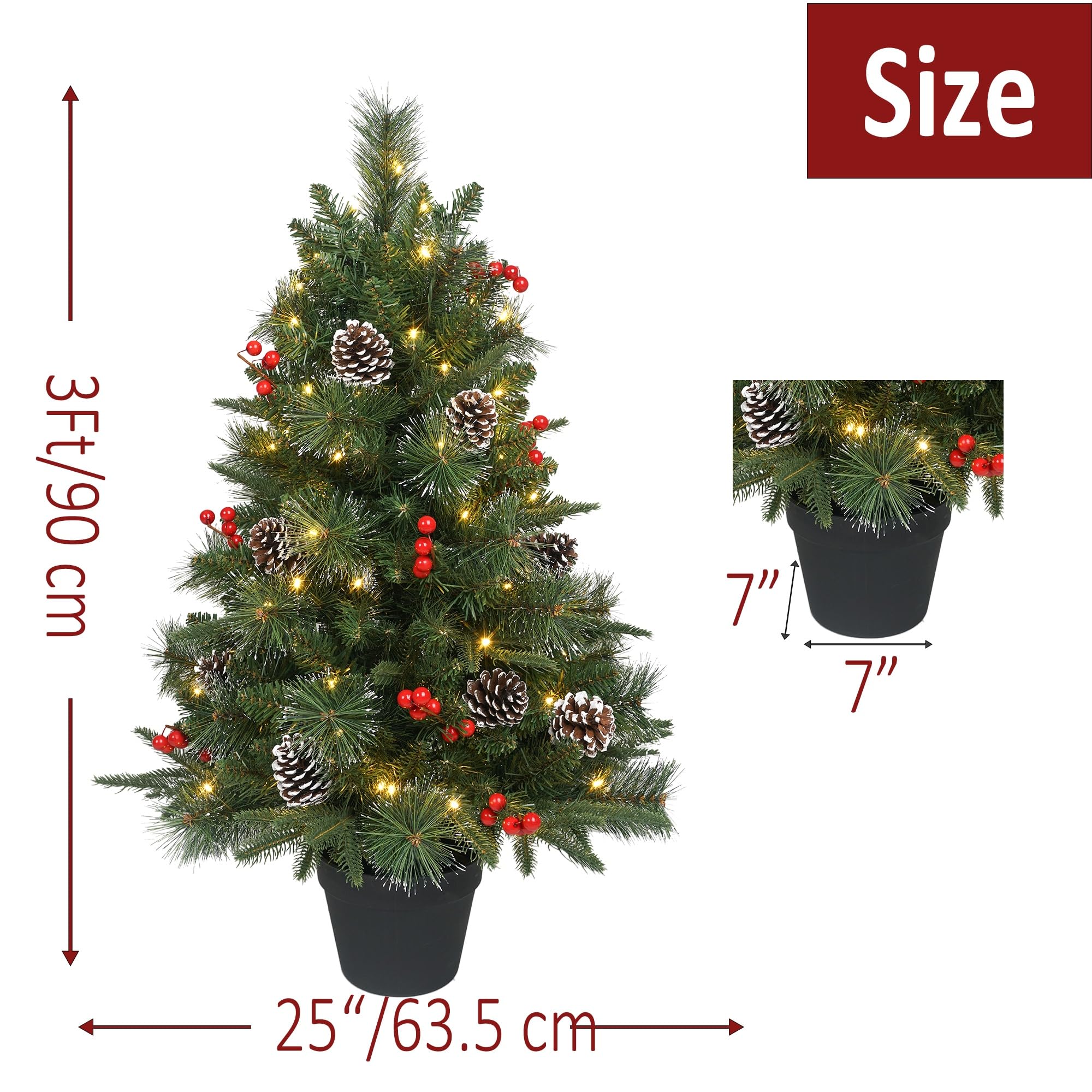 Sapin de Noël artificiel pré-éclairé de 91 cm avec 70 LED rouges chaudes, aiguilles de pin, sapin de Noël en pot de verdure pour intérieur, porche, extérieur