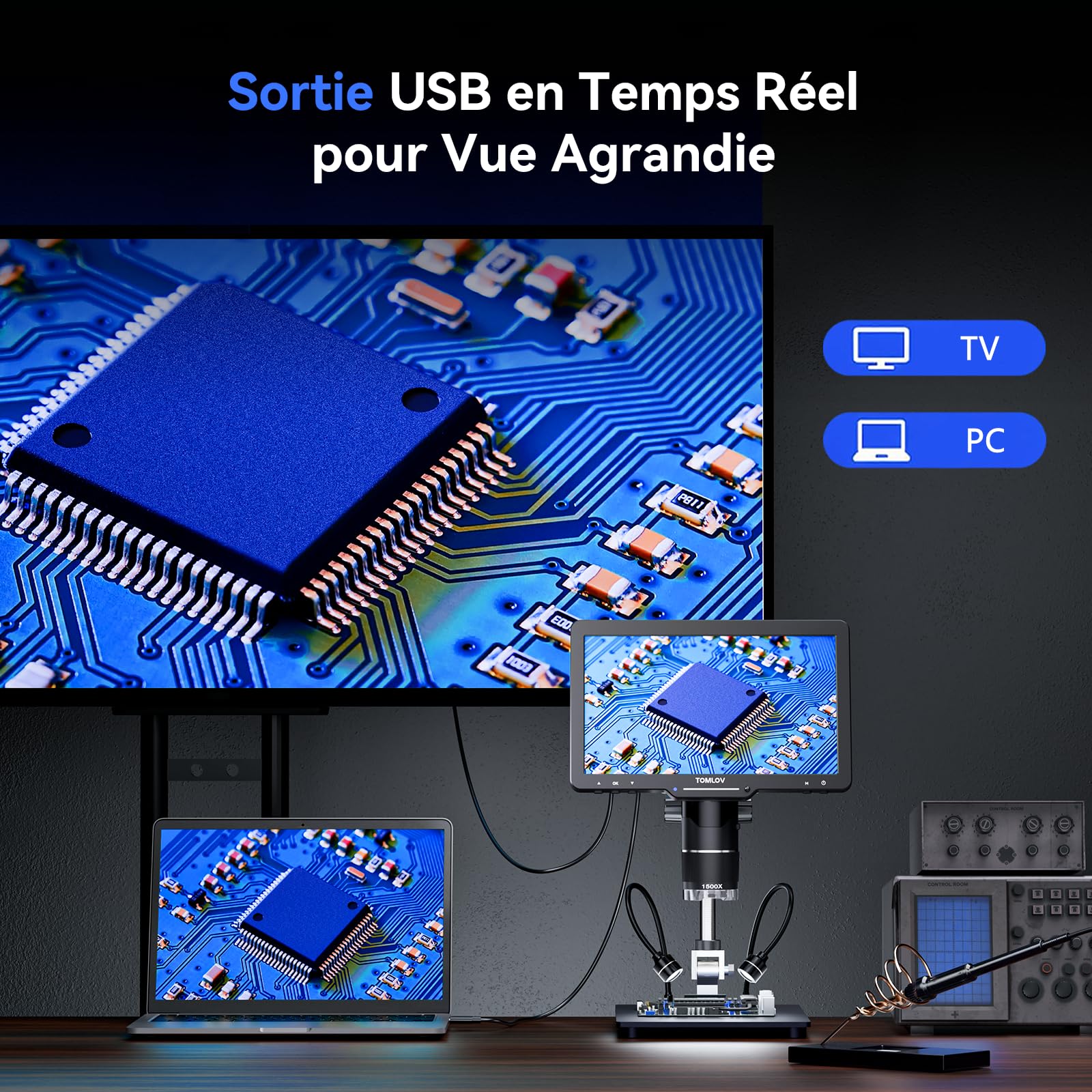 TOMLOV TriL110 3 lentilles Microscope numérique 2K, 2500X Loupe pour pièces entières avec écran IPS 10,1", Cadeau pour Adultes/Enfants, 14 lumières LED, Compatible PC/TV, 64 Go