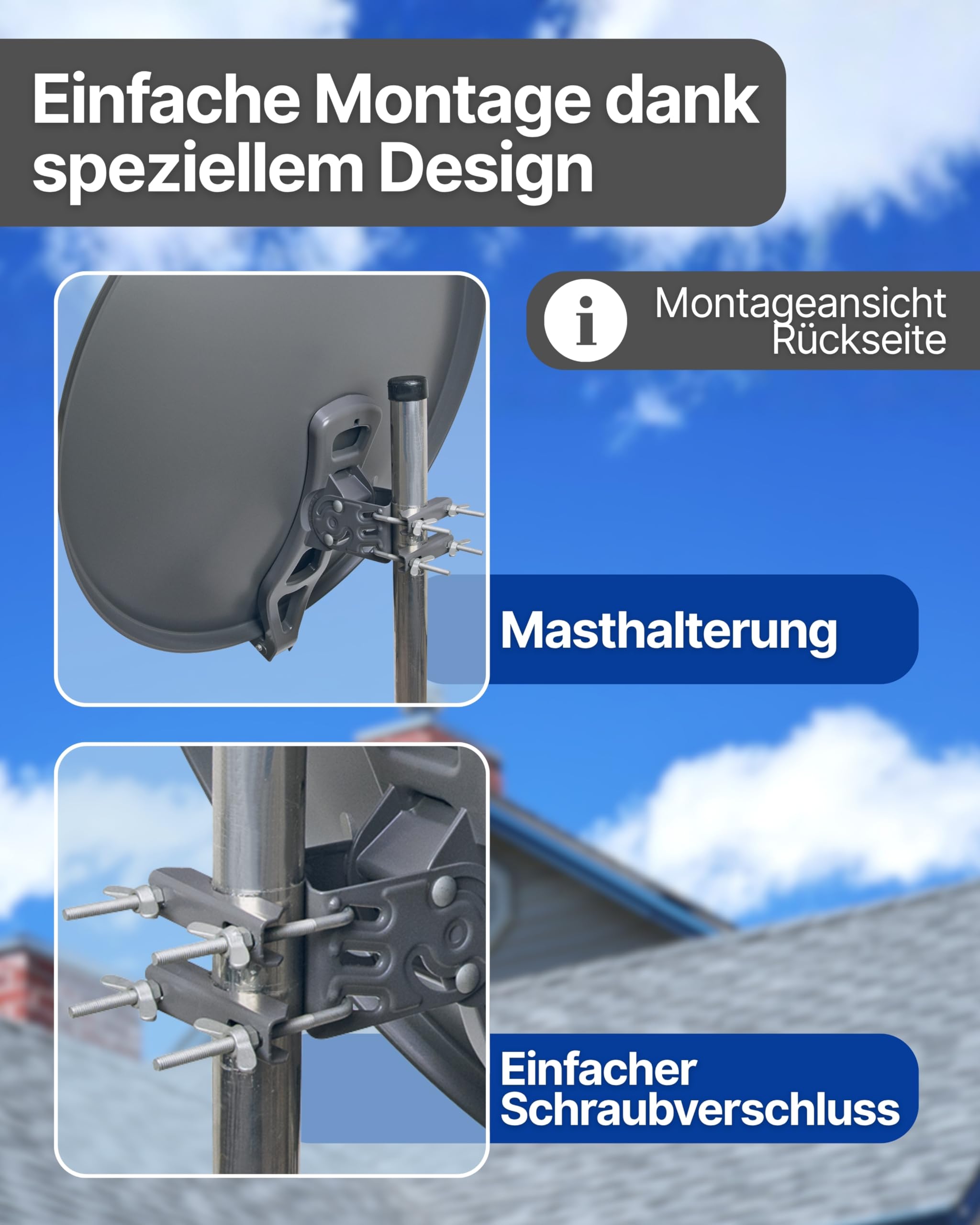SCHWAIGER Satellitenschüssel Komplettset Ø 88 cm Aluminium Offset Antenne Anthrazit Quad LNB 4-Fach Digital HD 4K Empfang wetterfest