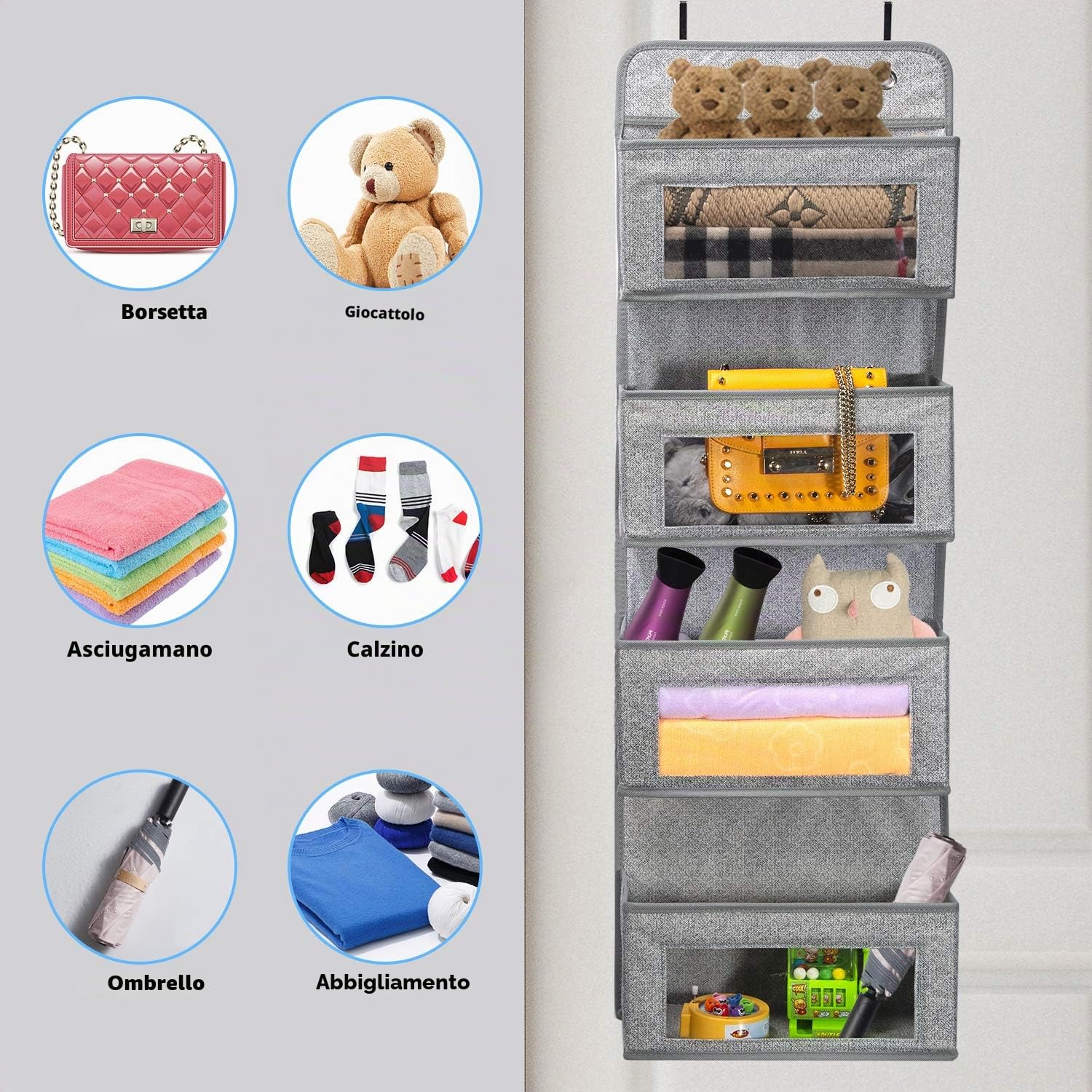 BrilliantJo Portaoggetti da Appendere con 4 Tasche in Tessuto, Organizzatore da Porta con grande finestra trasparente, Organizer Armadio Porta Oggetti da Appendere, Grigio-bianca