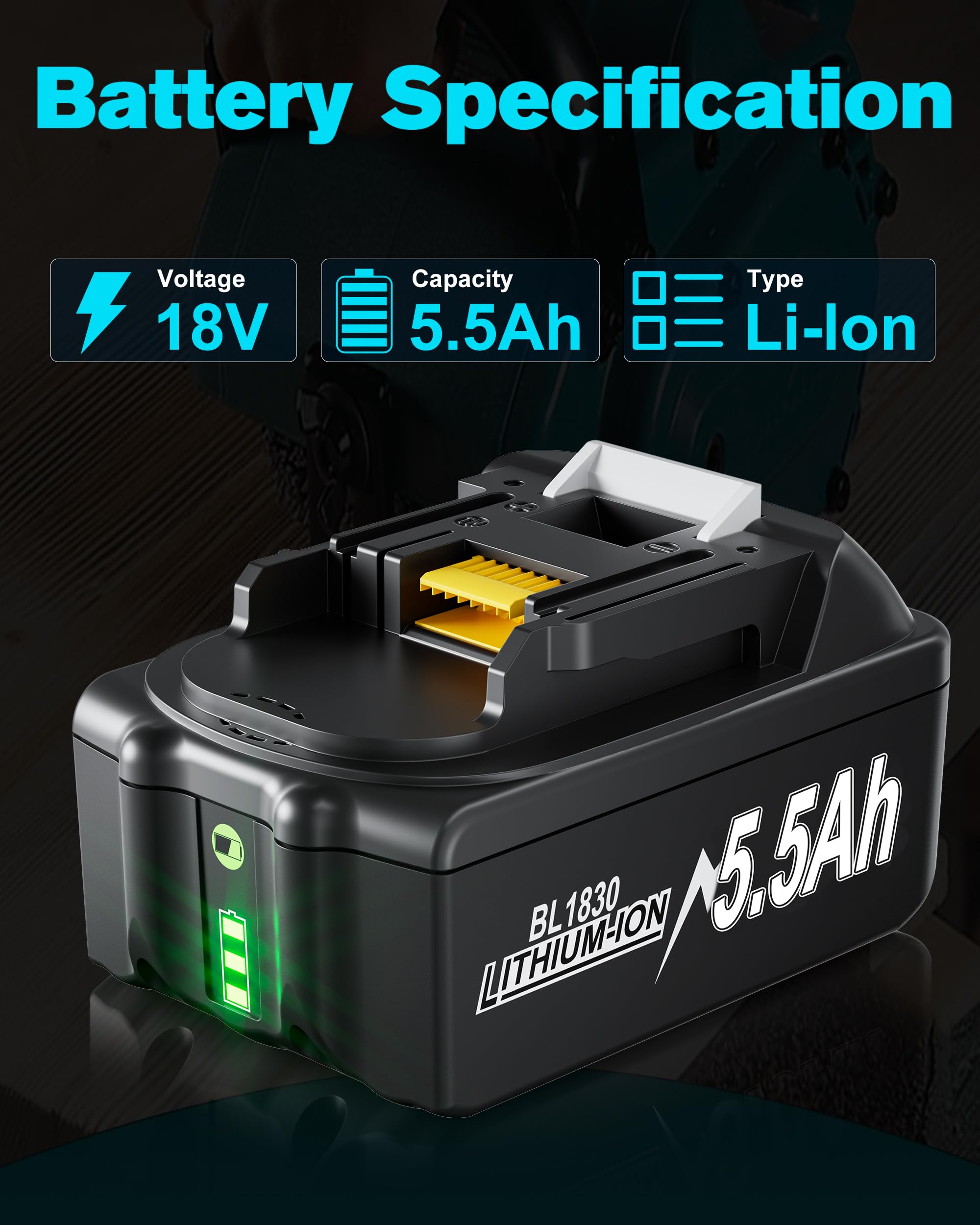 2 X 18V 5500mAh Ersatzakku für makita 18V Akku Li-ion BL1850 BL1850B BL1830 BL1860B BL1845 BL1835 BL1815 194205-3 LXT-400 BL1860 5.5Ah Akku with LED Werkzeugakku