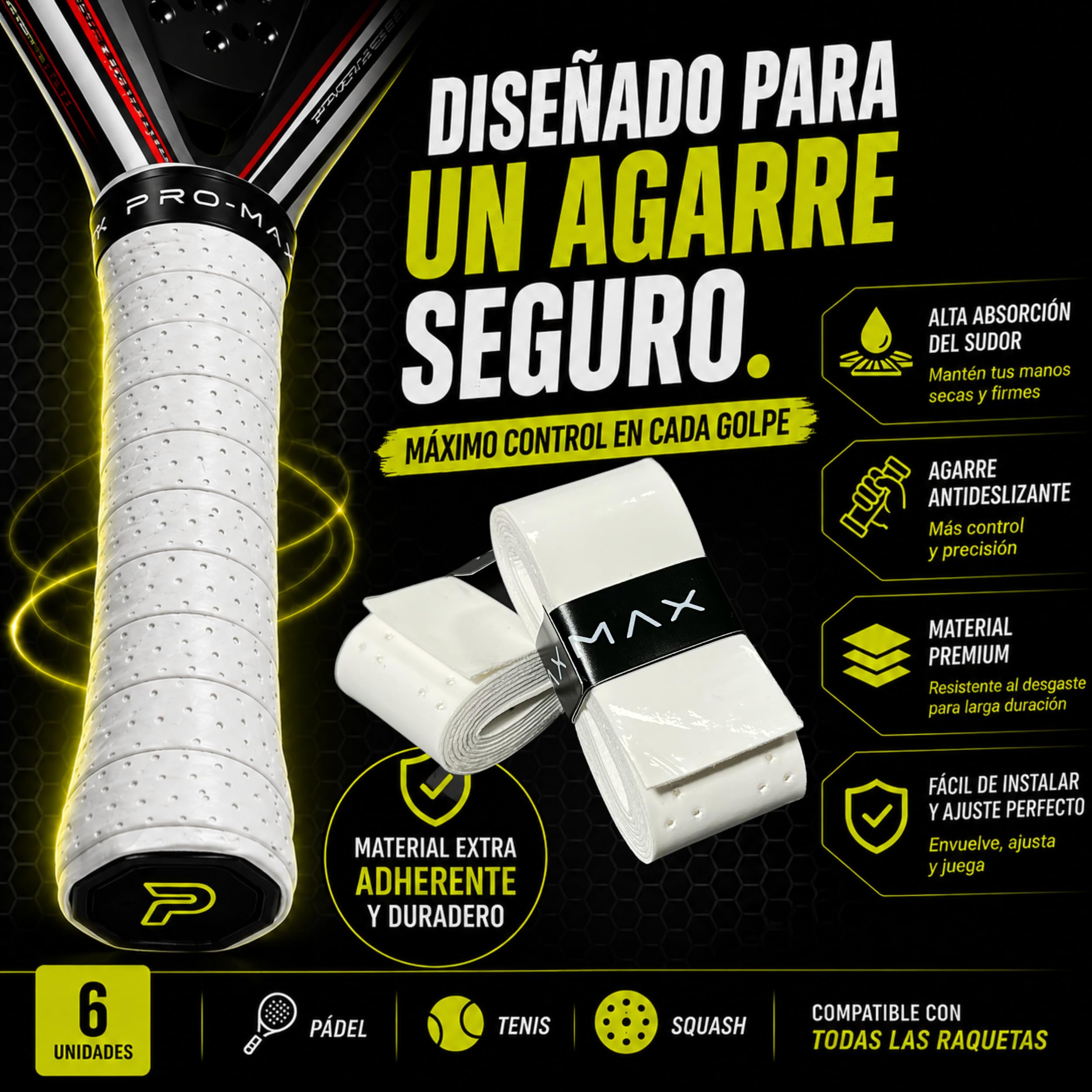 Padel Overgrips Extra Adherente Perforados Blanco Alta Absorción Sudor Antideslizante Grip Pack 4-50