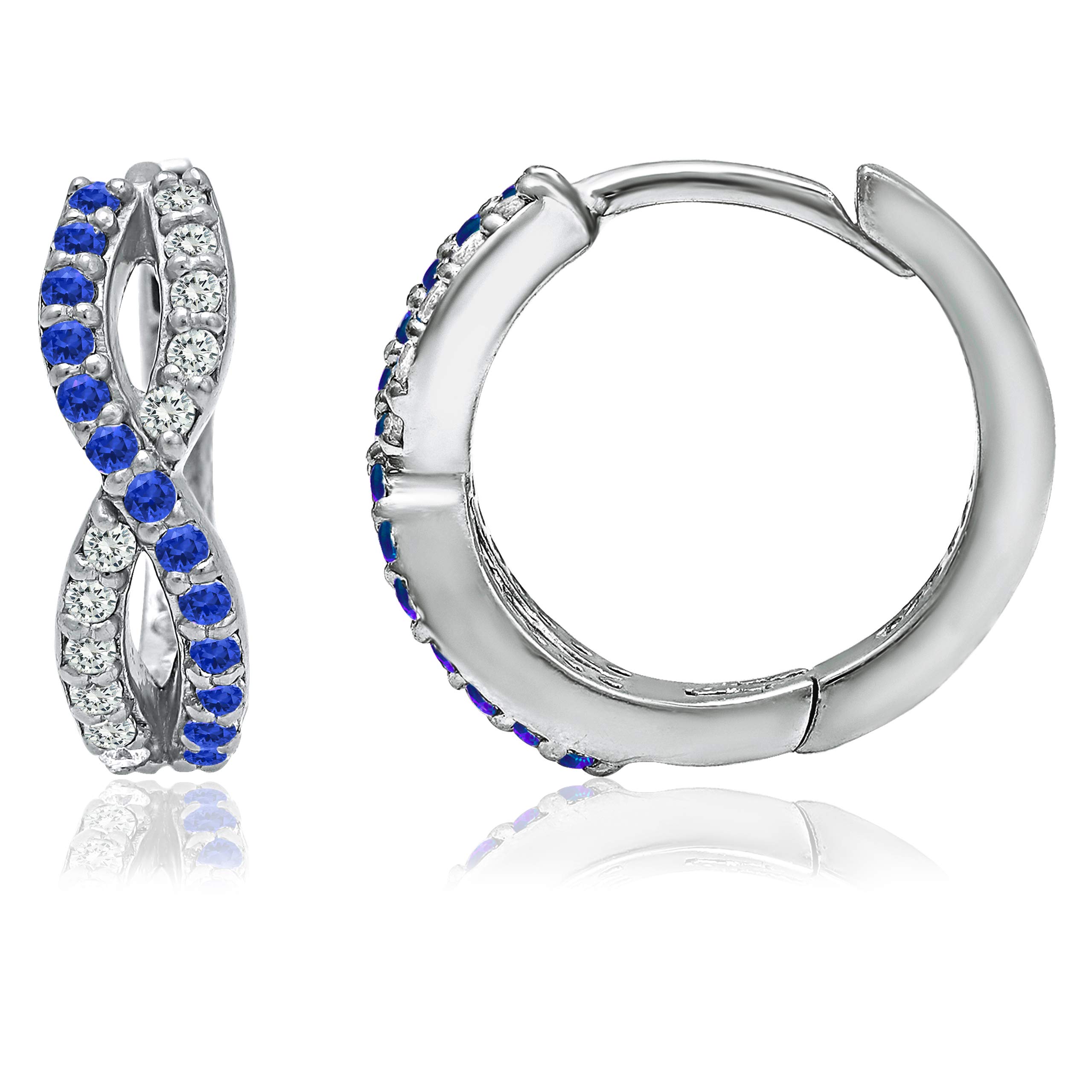 Sea of IceSterling Silver Created or Simulated Gemstone & White CZ Infinity Twist Braid Huggie Hoop Earrings for Women, 15mm Diameter