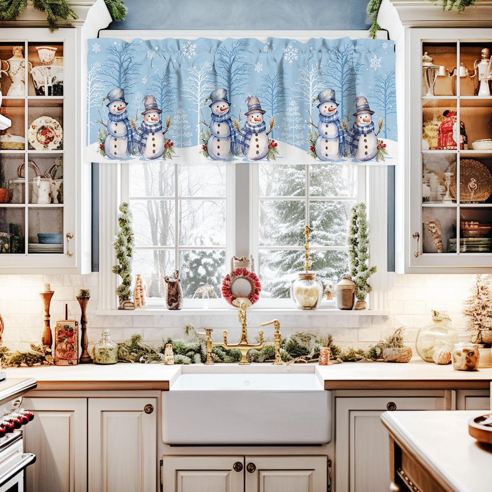 Christmas Valances for Kitchen Windows, Blue Winter Forest Snowman Xmas Tree Silhouette Rod Pocket Window Curtain for Bathroom Cafe Basement, Farmhouse Small Window Treatment, 42