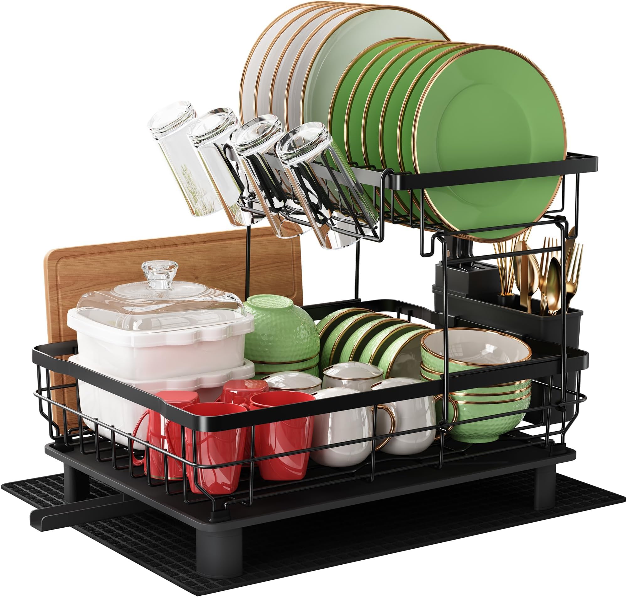 Dish Drainer Rack, 2 Tier Stainless Steel Dish Drying Rack with Drip Tray and Drying Mat, Sink Plate Drainer Rack with Utensils Holder, Swivel Spout, Kitchen Draining Board Rack for Kitchen, Black