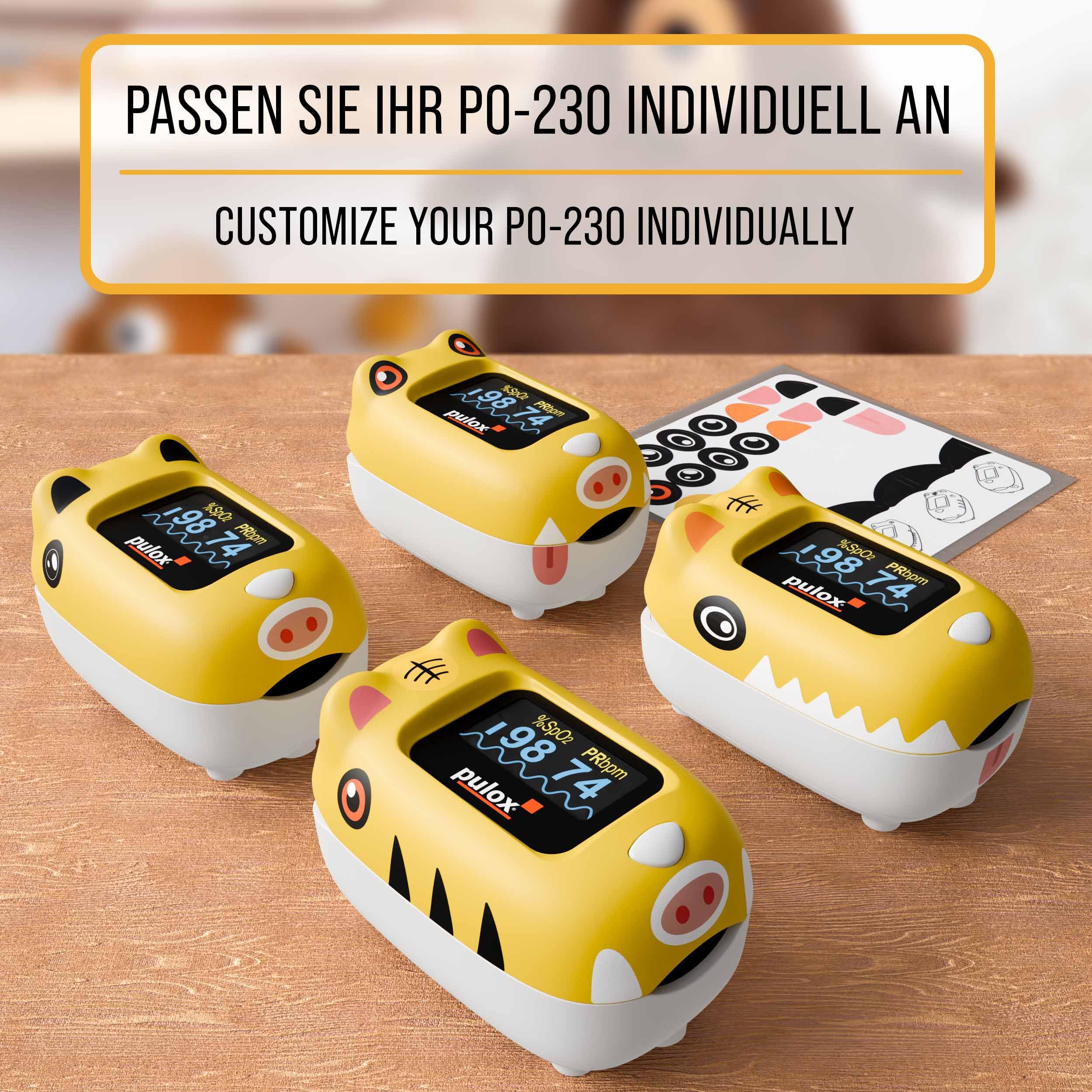 Pulox PO-230 Kinder Pulsoximeter Gelb zur Messung von SpO2 und Puls | Misst Sauerstoffsättigung und Puls in wenigen Sekunden, inklusive Sticker zum individuellen Bekleben und Gestalten