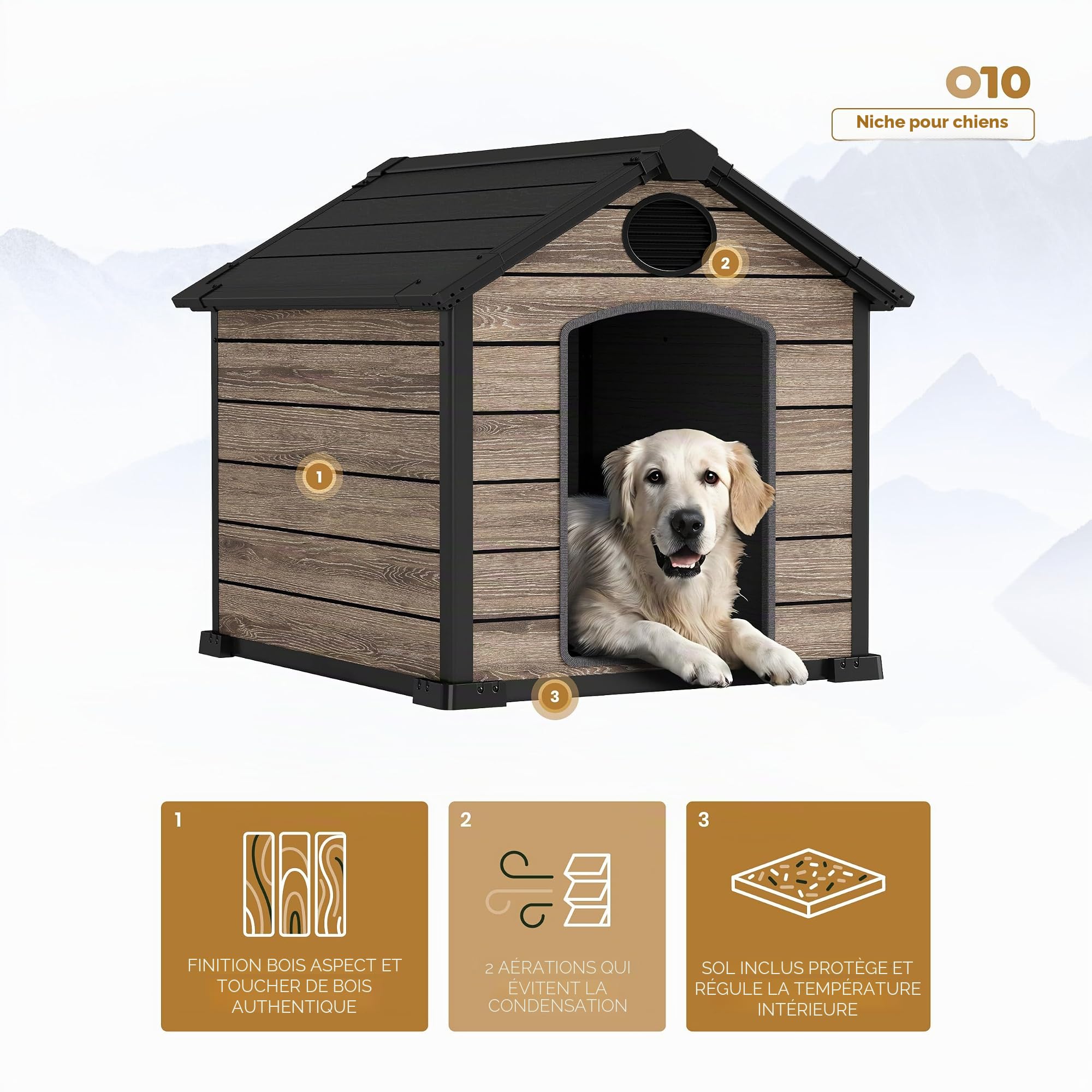 Hoggar Niche extérieure pour chien 102 x 115 x 105 cm, sol inclus, 2 aérations, protection UV et imperméable, effet bois, Oak O10 en résine