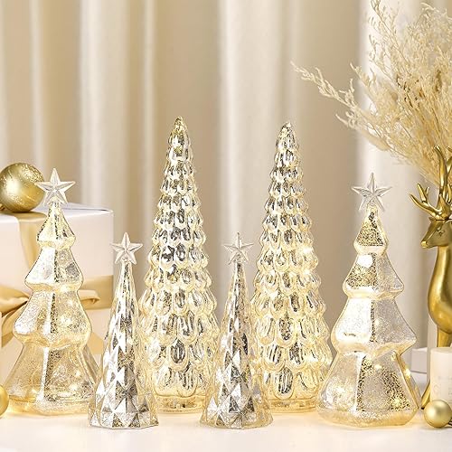 Miniatura 6 de Set de 6 figuras de árbol de Navidad de mesa iluminadas de vidrio de mercurio con luces LED, operadas por batería, centros de mesa iluminados