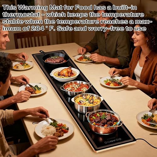Miniatura 5 de Bandeja de calentamiento eléctrica (extra larga de 51 x 12 pulgadas), tapete de calentamiento de alimentos con 12 ajustes de temperatura, termostato