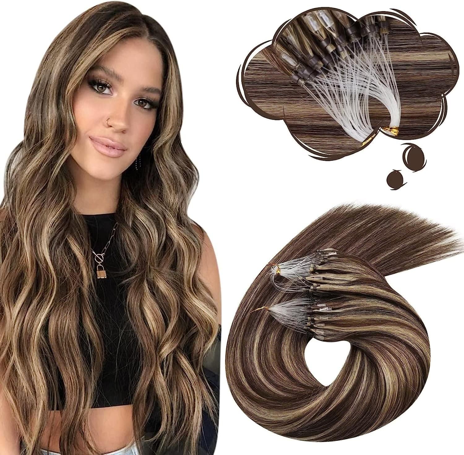 Moresoo micro link hair extensions real human hair highlight dark brown with ash blonde micro loop human hair extensions 22 inch natural hair extensions microring human hair extensions blonde 50g/50s