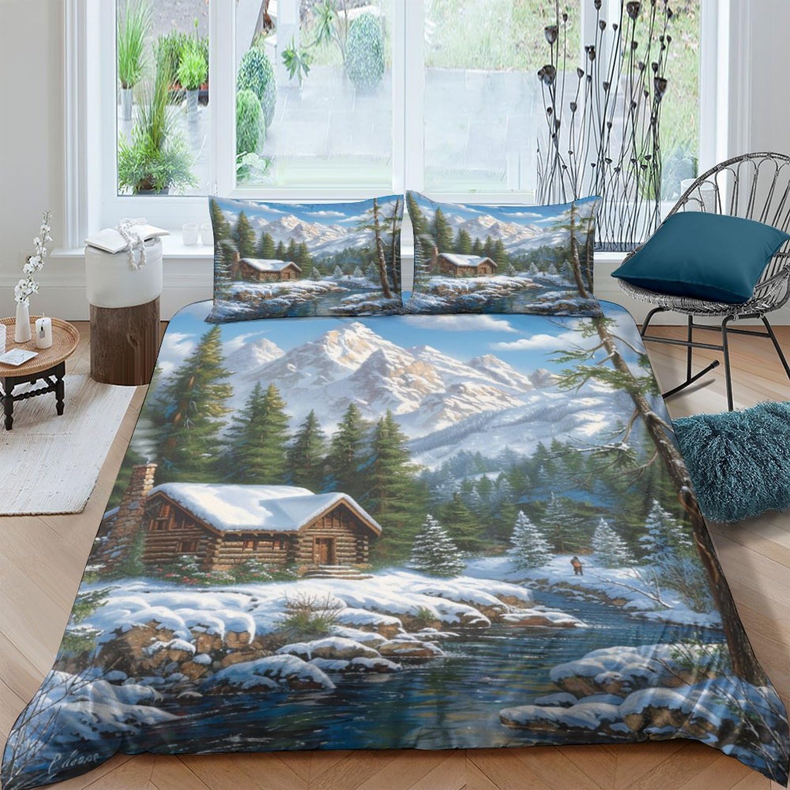 NRAOPEVVD Mountain Cottage Duvet Cover Sets 3 PCS Hotel Quality Quilt Cover Bedding Bed Covers with Pillowcases with Zipper Closure Ultra Soft Hypoallergenic Microfiber King（220x240cm）