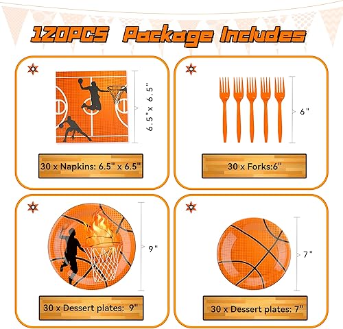 Miniatura 2 de Paquete de 120 piezas de suministros de fiesta de baloncesto, platos de papel, servilletas, tenedores, baloncesto, decoraciones de cumpleaños para