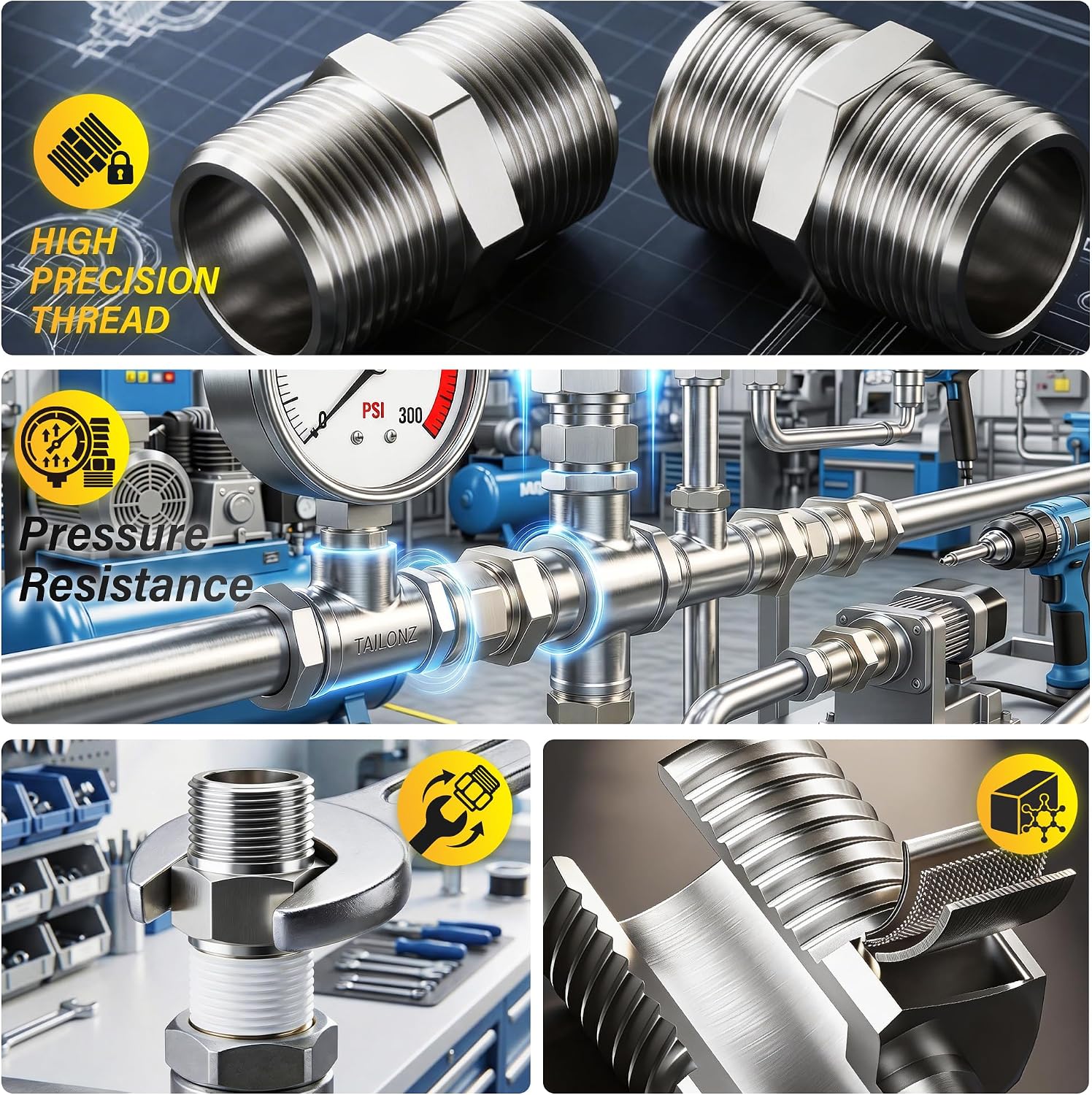 TAILONZ PNEUMATIC 1 Inch NPT Male Pipe Hex Nipple, 304 Stainless Steel Pipe Fitting（Pack of 6）