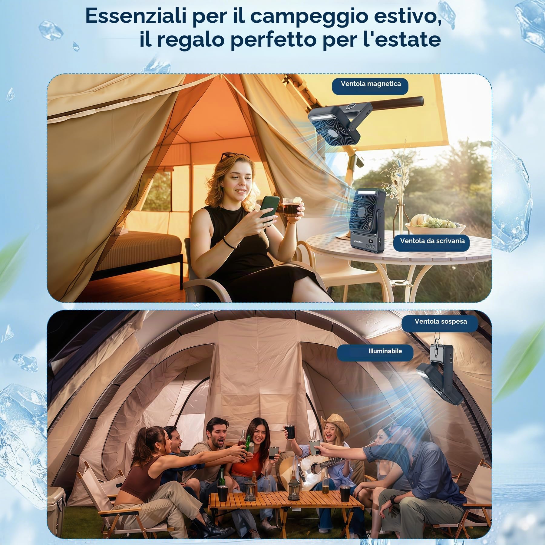 USB Ventilatore Portatile 10000mAh,Luce LED,7-27 ore di Funzionamento | Ventilatore da campeggio ad alto flusso d'aria e funzionamento silenzioso con ventosa per casa e ufficio