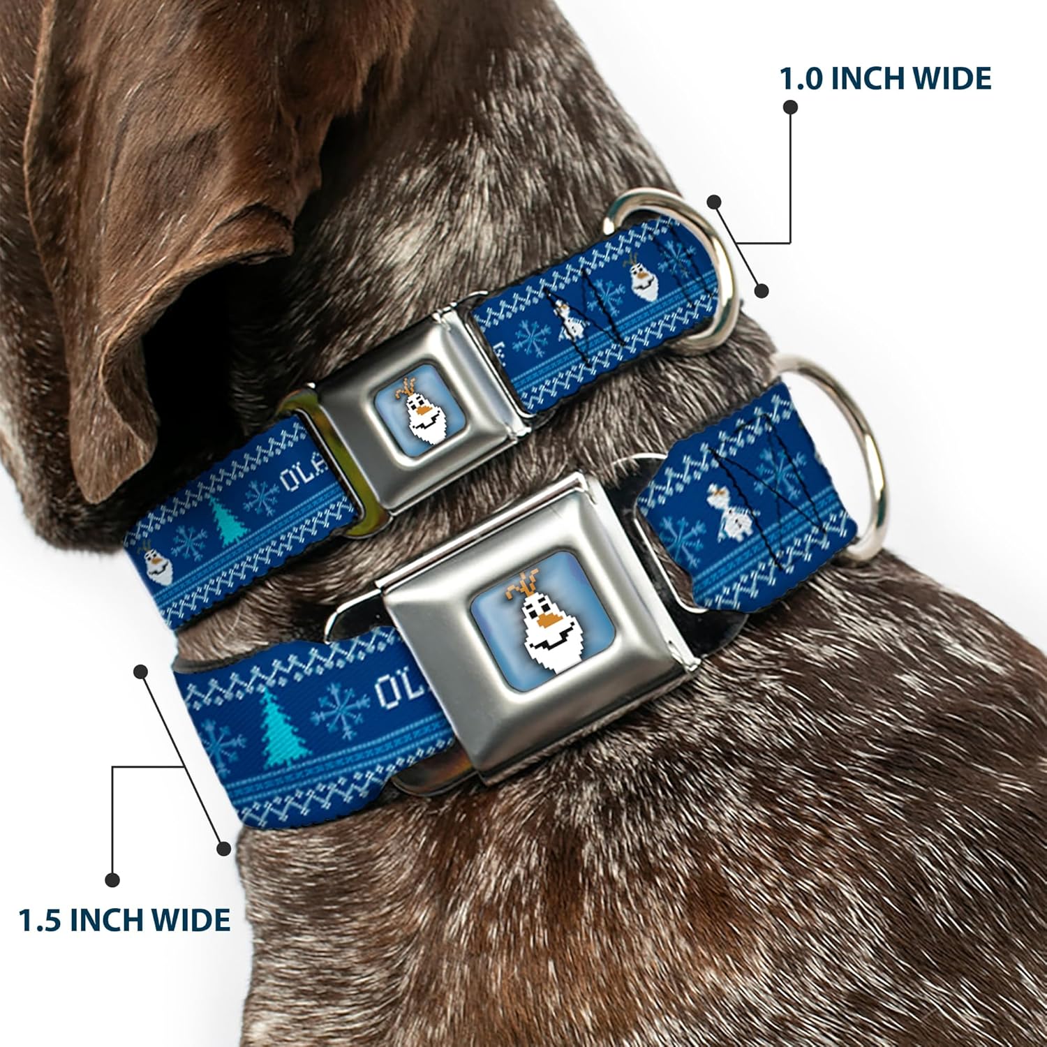 Buckle-Down Seatbelt Buckle Dog Collar - Olaf/Snowflakes Stitch Blues/White - 1.5" Wide - Fits 16-23" Neck - Medium