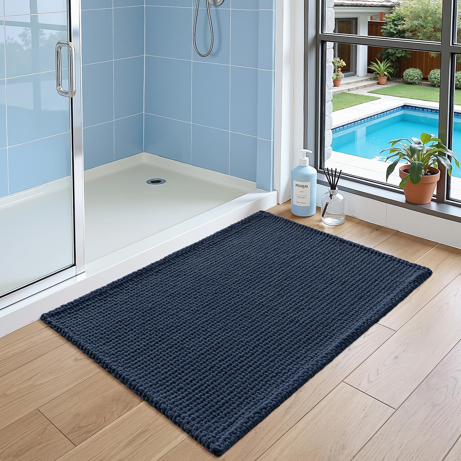 DEXI Bathroom Rugs 16x24, Non Slip Washable Bath Mat, Absorbent Chenille Bathmat, Ultra Soft Thick Carpet for Tub Shower Floor, Navy