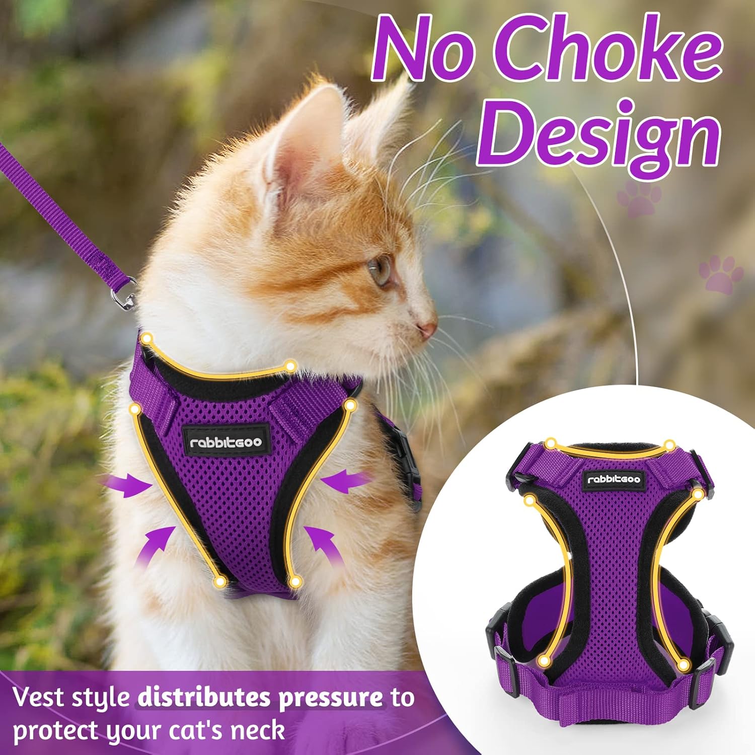 rabbitgoo Cat Harness and Leash for Walking, Escape Proof Soft Adjustable Vest Harnesses for Cats, Easy Control Breathable Reflective Strips Jacket, Purple, S S Purple