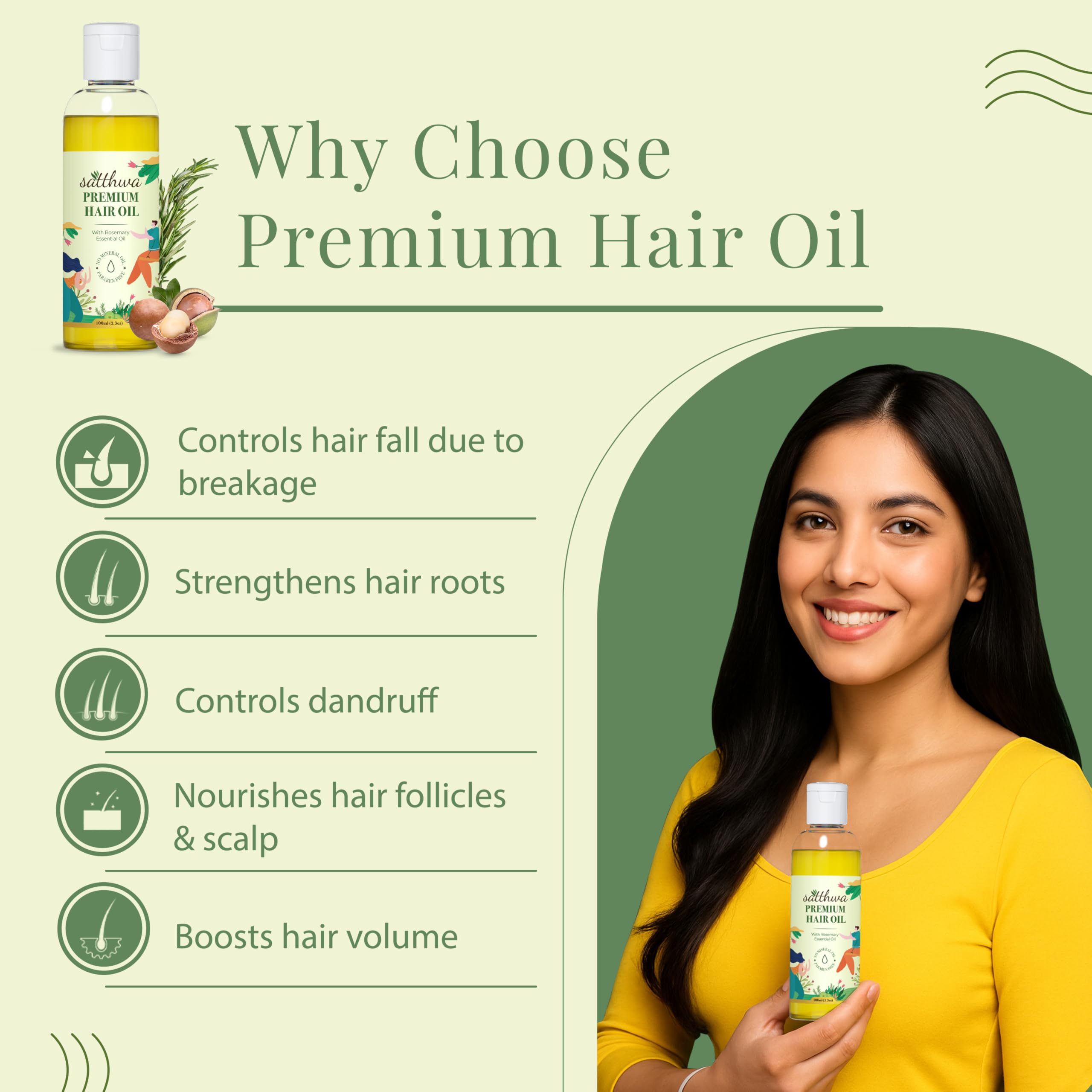 Satthwa Premium Hair Oil | Minimises Hair Fall | Supports For Growth & Boost Hair Density | For Dry, Sparse & Flaky Scalp | Paraben Free | Fights Dandruff, 100ml (3.3fl.o.z)