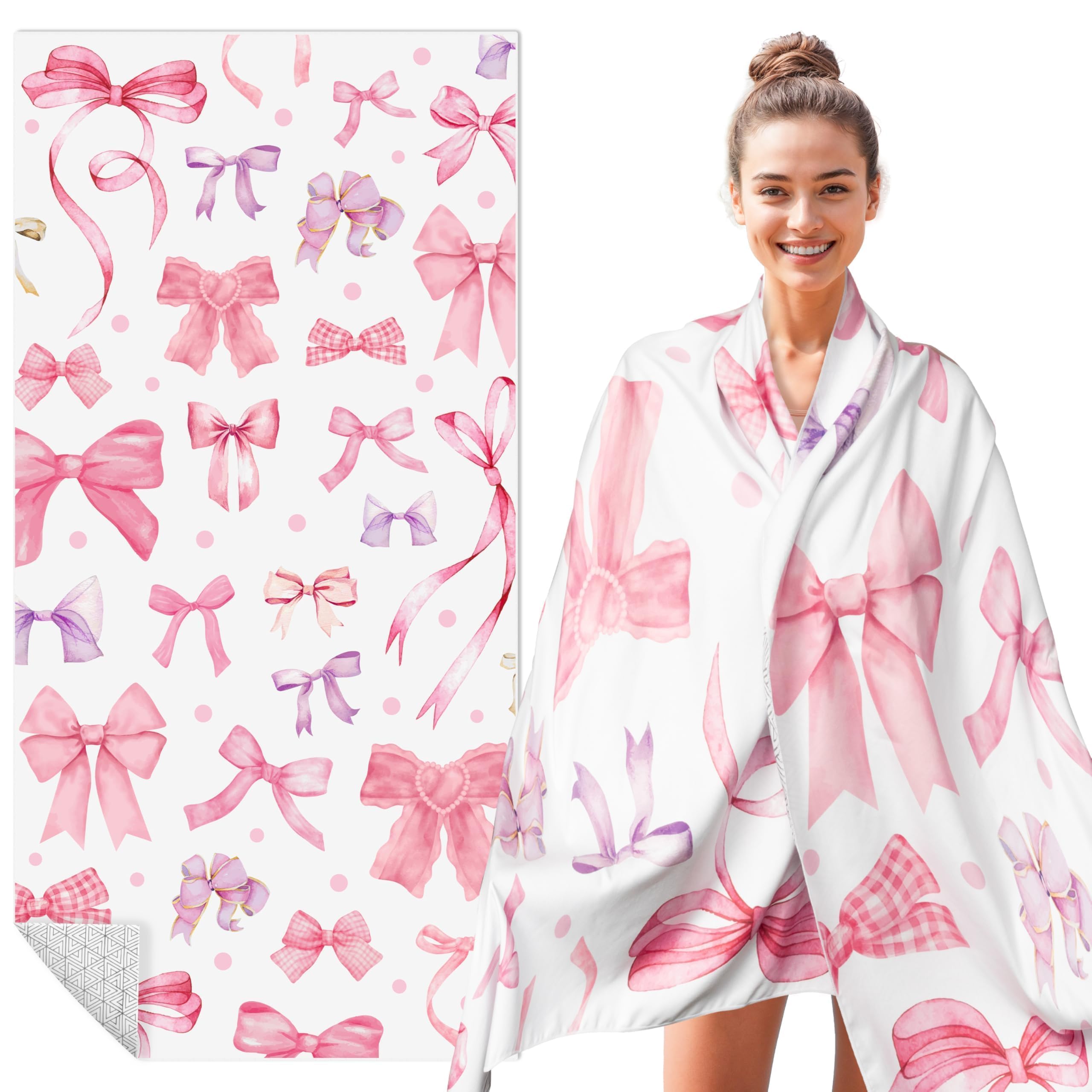 Polka Bow Oversized Beach Towel - Double-Sided Thin Microfiber Lightweight Pool Towel 71"x35" Quick Dry Towel Sand Free Blanket for Bath Sport Travel