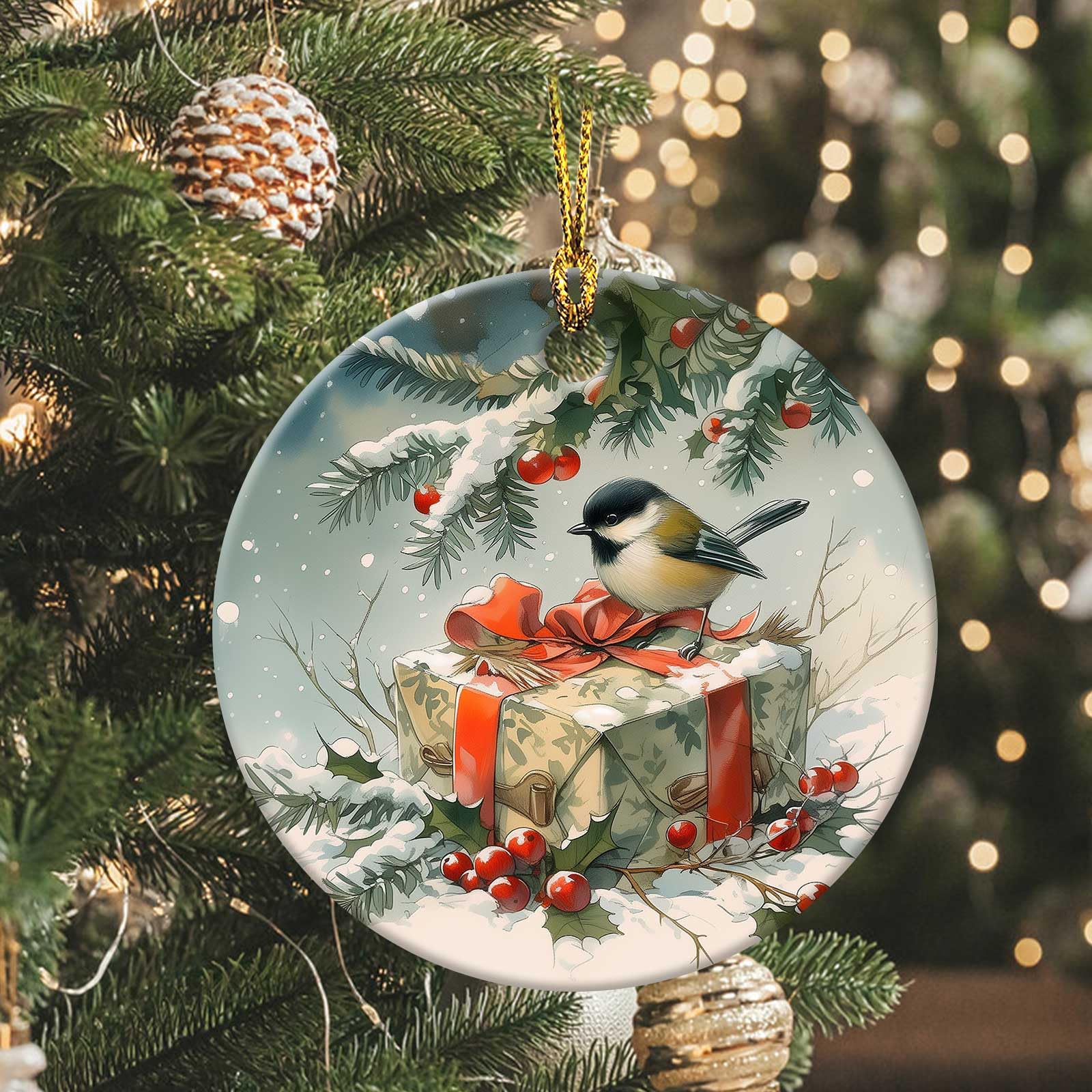 Chickadee Ornament Round Ceramic Cute Bird Holly Red Berry Ornament Xmas Keepsake for Christmas Tree Winter Holiday Xmas Gift for Women Men Xmas Hanging Ornament 3"