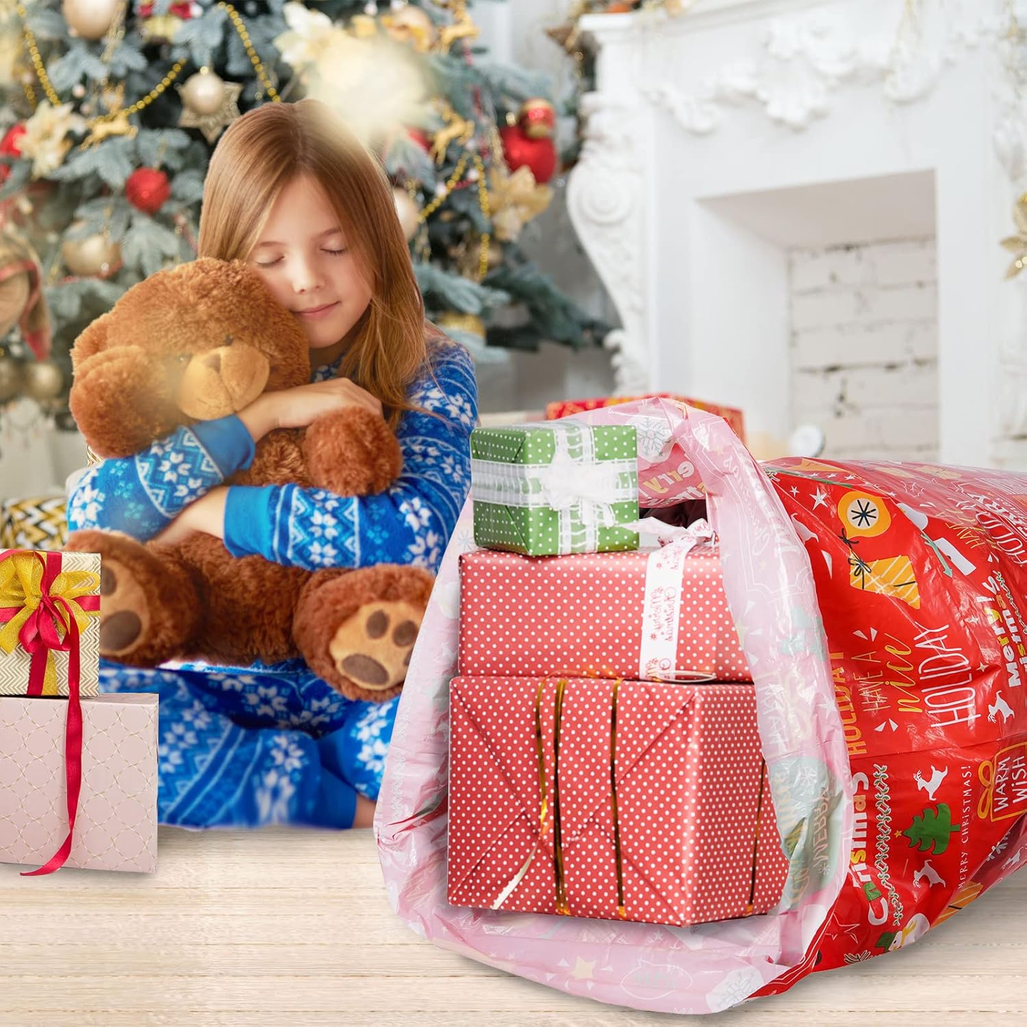 2 Pack Jumbo Christmas Gift Bag with Tag & Tie, 56 X 36 Oversized Christmas Plastic Wrapping Bags, Giant gift Bags for Huge Present Decoration, Holiday Bags for Large Gifts, Toys, Goodie Supplies