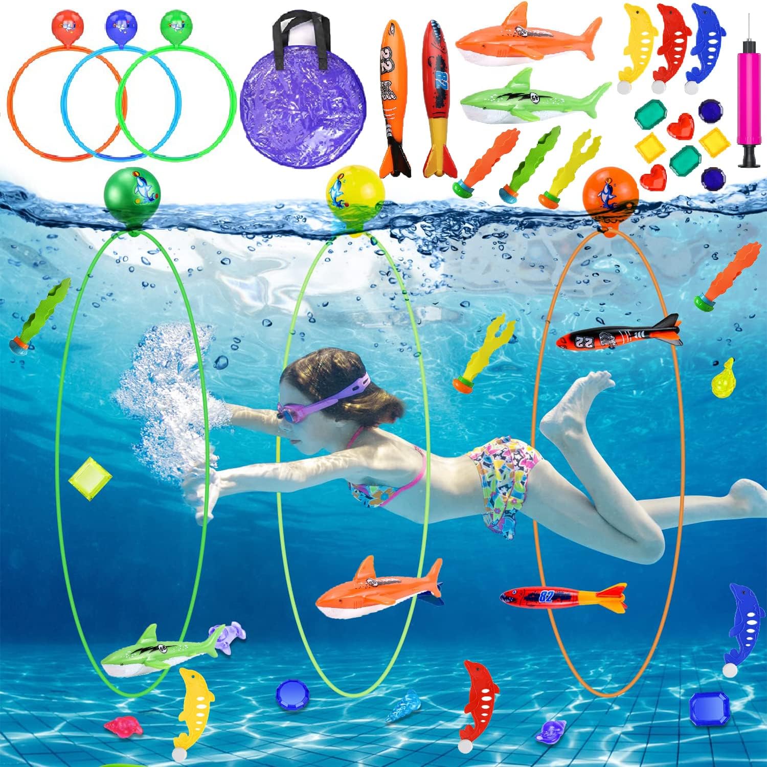 Hutato Swimming Diving Pool Toys for Kids,23 Pcs Pool Toys with Diving